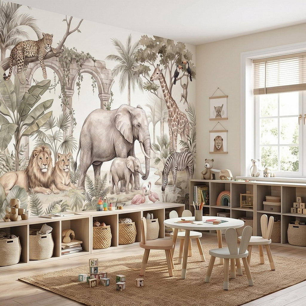 Watercolor Safari Jungle Animals Peel and Stick Wall Mural, Neutral Beige Exotic Nature Scenic Wildlife Wallpaper