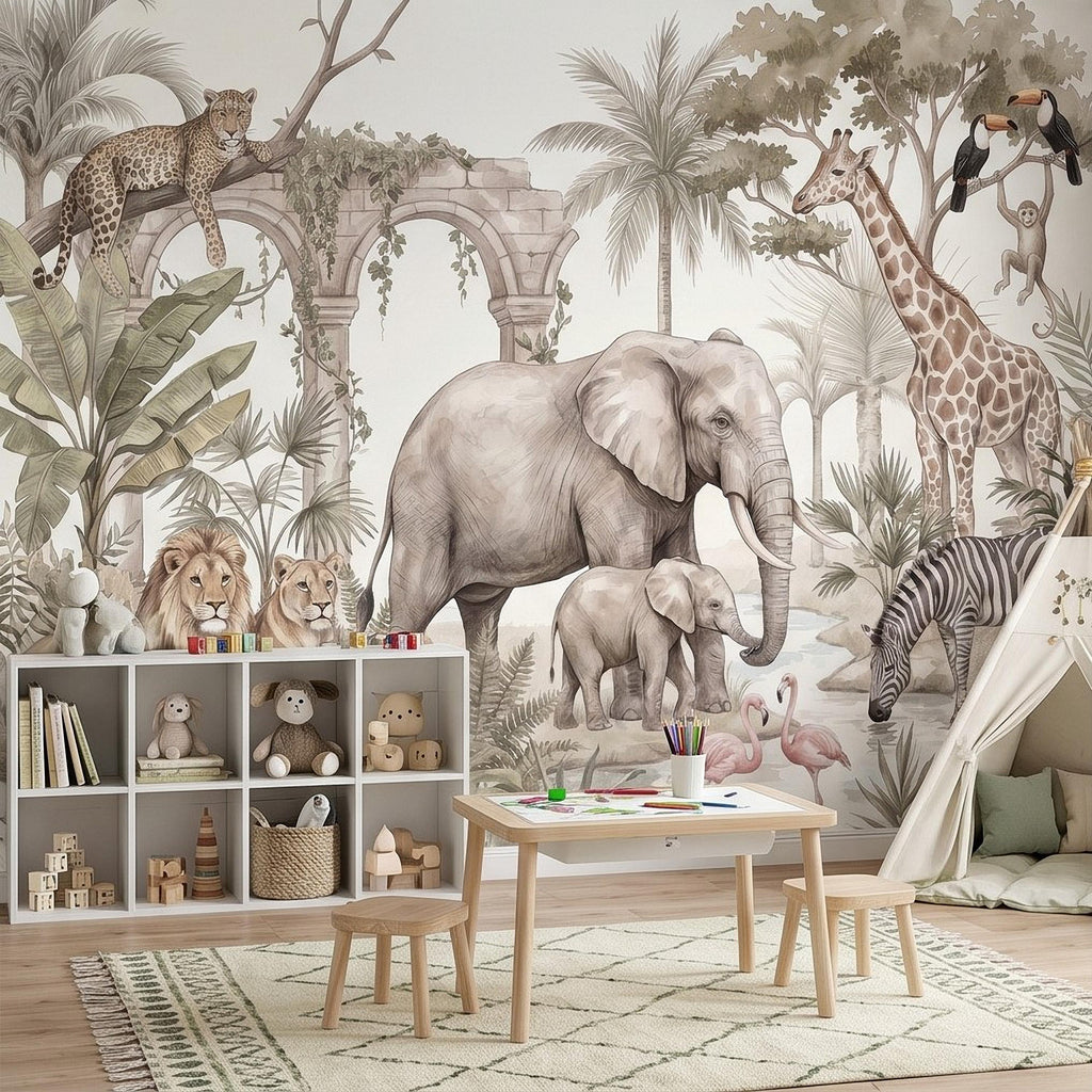 Watercolor Safari Jungle Animals Peel and Stick Wall Mural, Neutral Beige Exotic Nature Scenic Wildlife Wallpaper