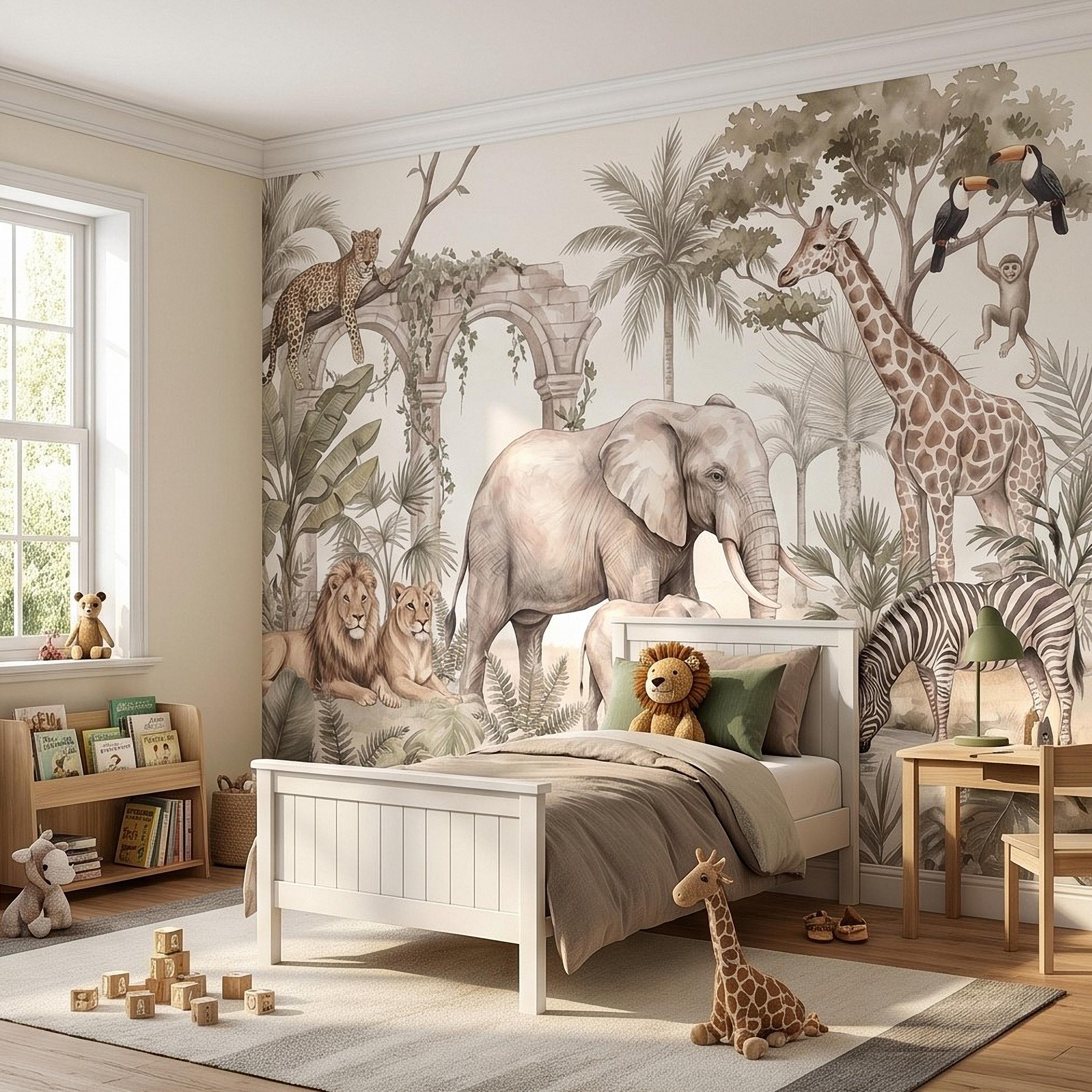Watercolor Safari Jungle Animals Peel and Stick Wall Mural, Neutral Beige Exotic Nature Scenic Wildlife Wallpaper