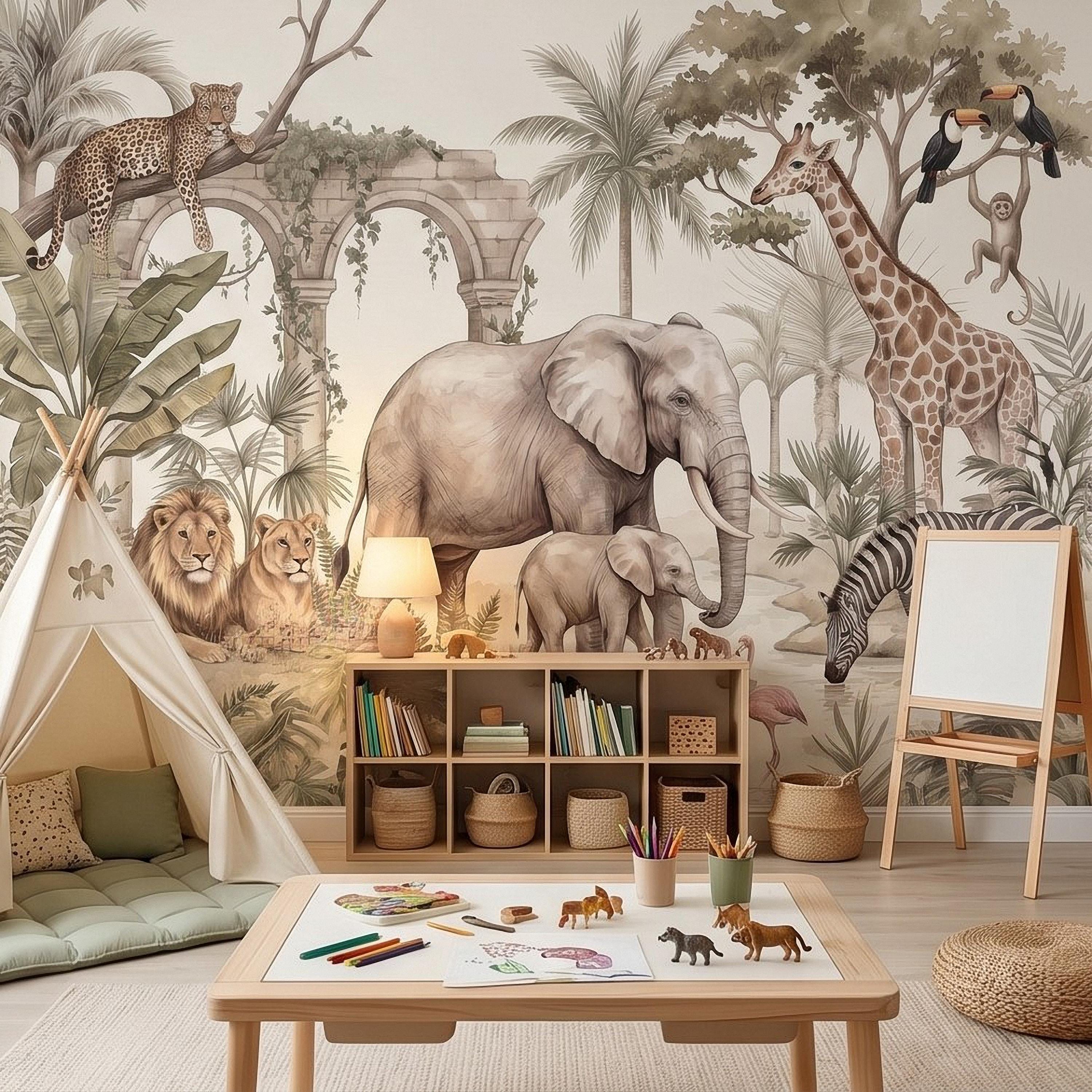 Watercolor Safari Jungle Animals Peel and Stick Wall Mural, Neutral Beige Exotic Nature Scenic Wildlife Wallpaper