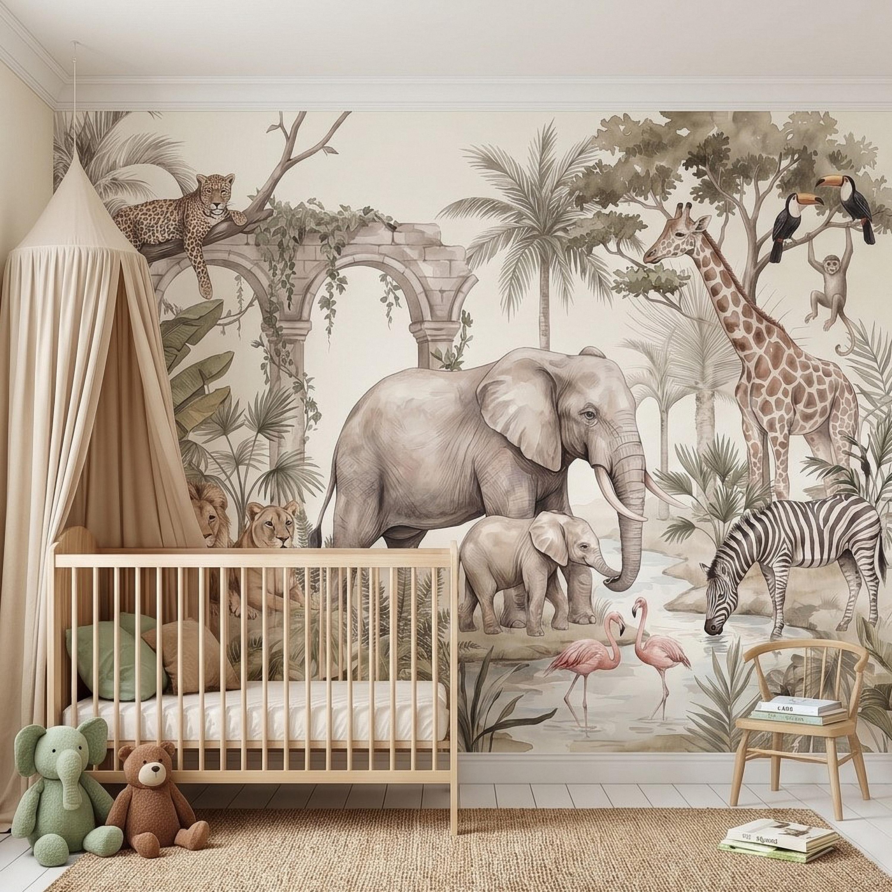 Watercolor Safari Jungle Animals Peel and Stick Wall Mural, Neutral Beige Exotic Nature Scenic Wildlife Wallpaper