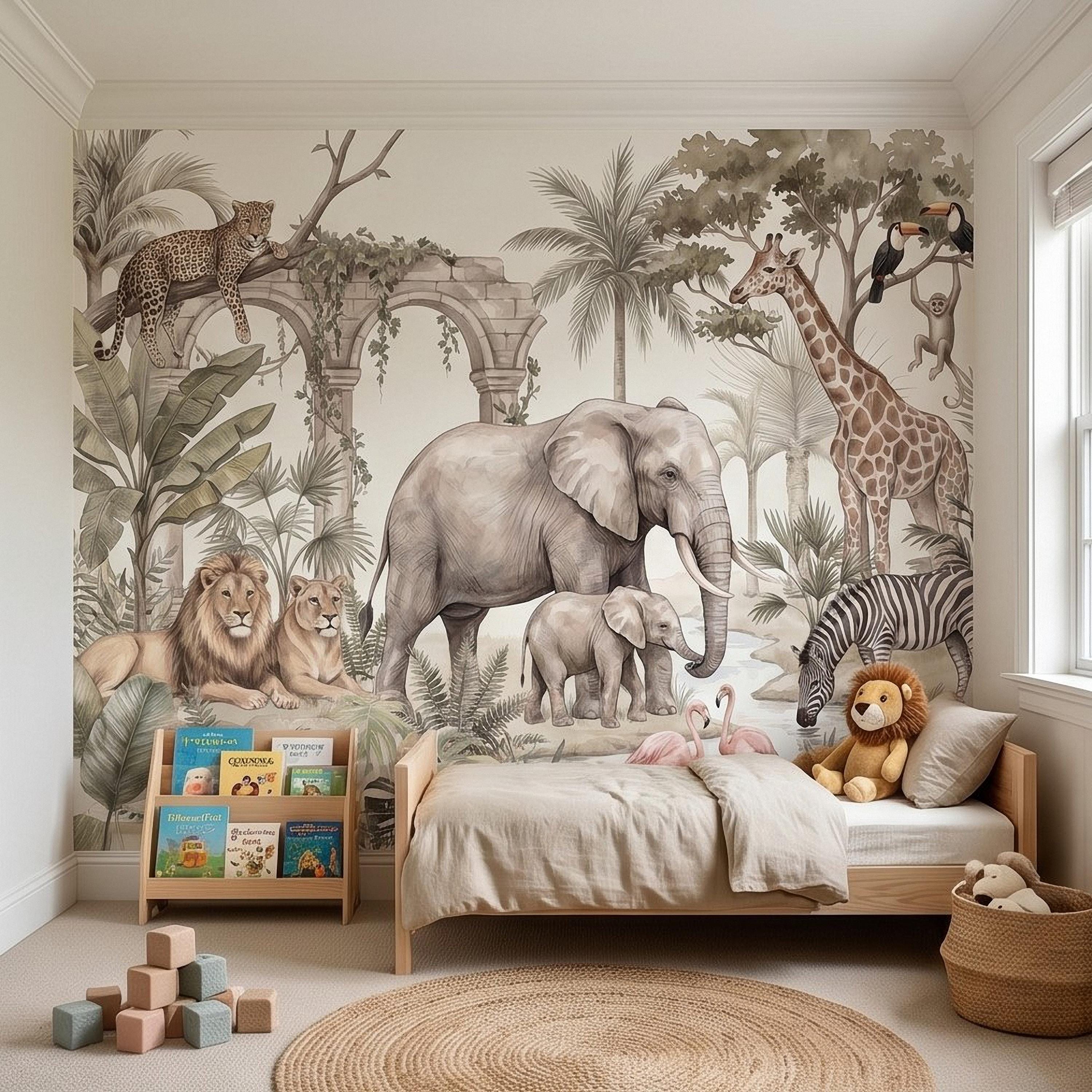 Watercolor Safari Jungle Animals Peel and Stick Wall Mural, Neutral Beige Exotic Nature Scenic Wildlife Wallpaper