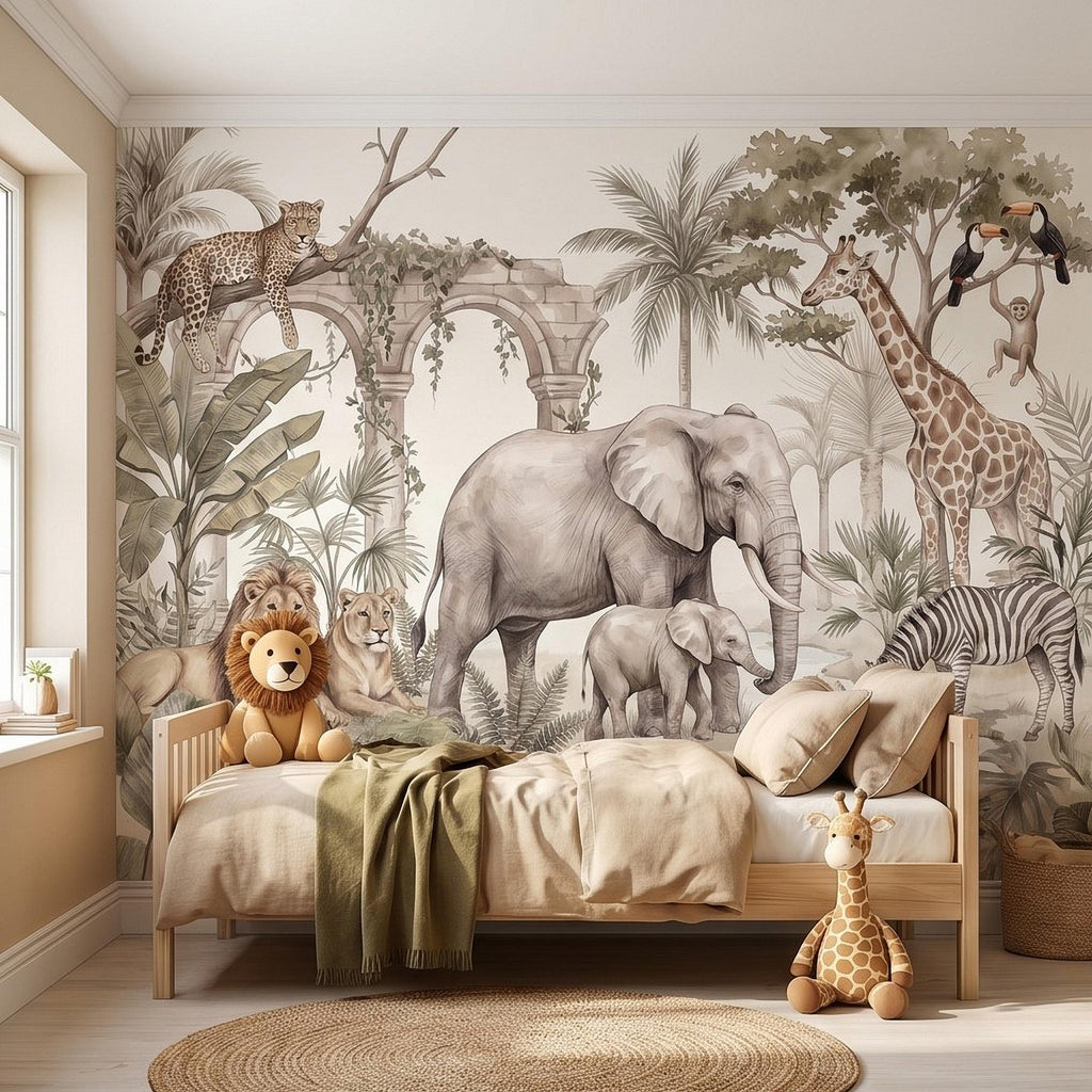 Watercolor Safari Jungle Animals Peel and Stick Wall Mural, Neutral Beige Exotic Nature Scenic Wildlife Wallpaper