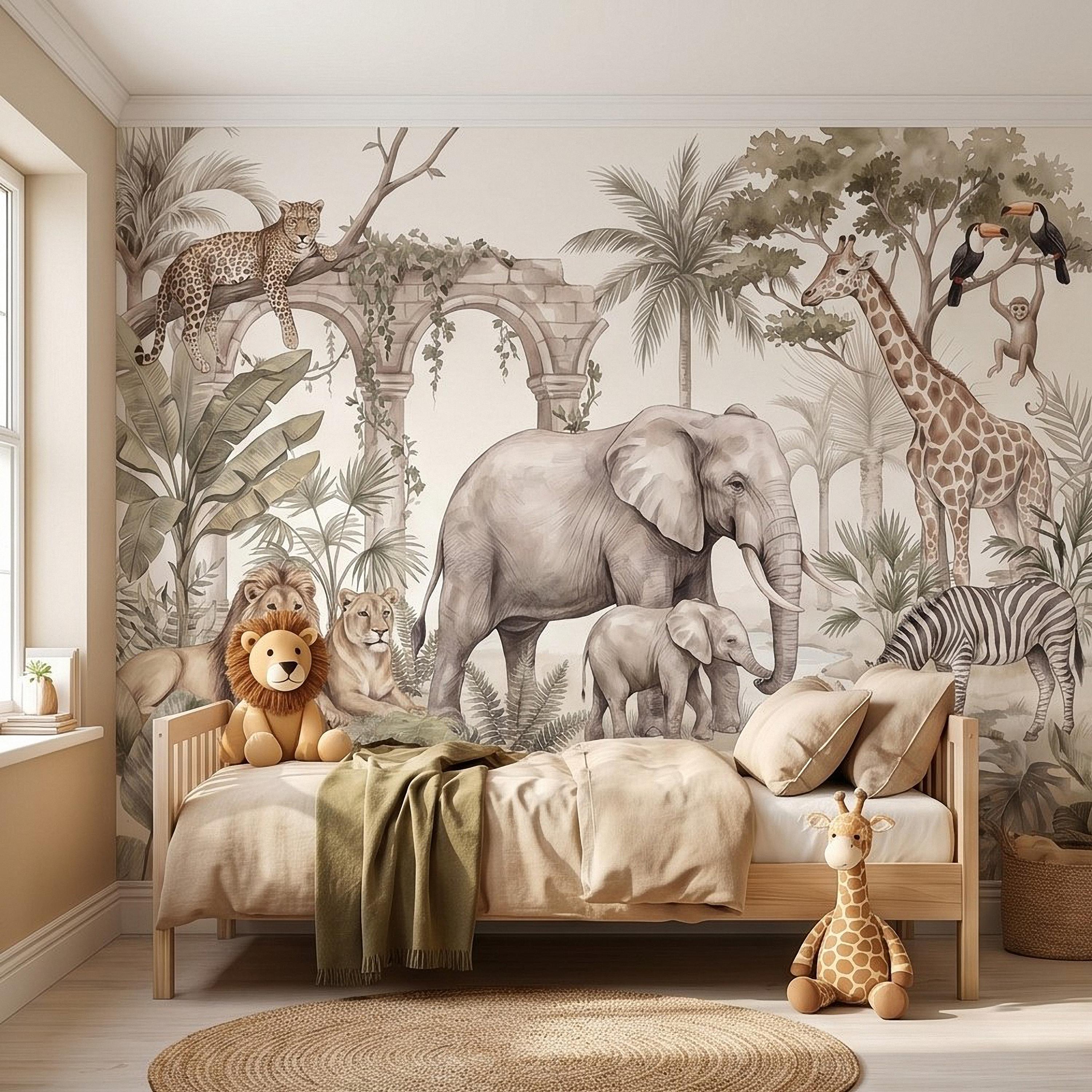 Watercolor Safari Jungle Animals Peel and Stick Wall Mural, Neutral Beige Exotic Nature Scenic Wildlife Wallpaper