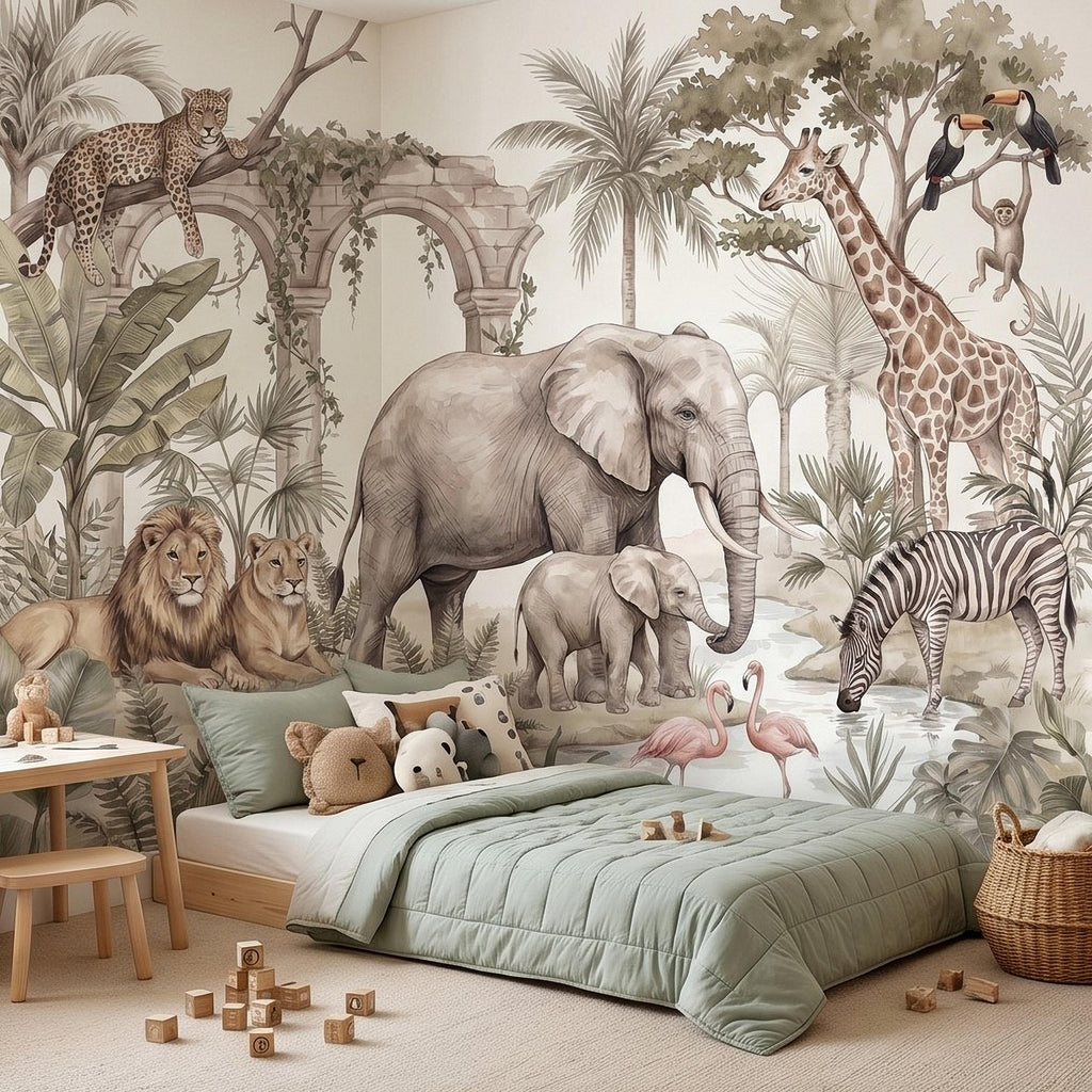 Watercolor Safari Jungle Animals Peel and Stick Wall Mural, Neutral Beige Exotic Nature Scenic Wildlife Wallpaper