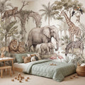 Watercolor Safari Jungle Animals Peel and Stick Wall Mural, Neutral Beige Exotic Nature Scenic Wildlife Wallpaper