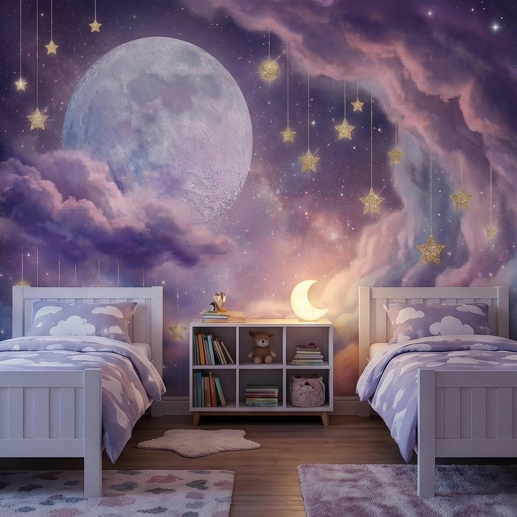 Celestial Moon Peel and Stick Wall Mural, Pink Purple Dreamy Sky with Hanging Stars, Fantasy Nursery Girls Room Wallpaper