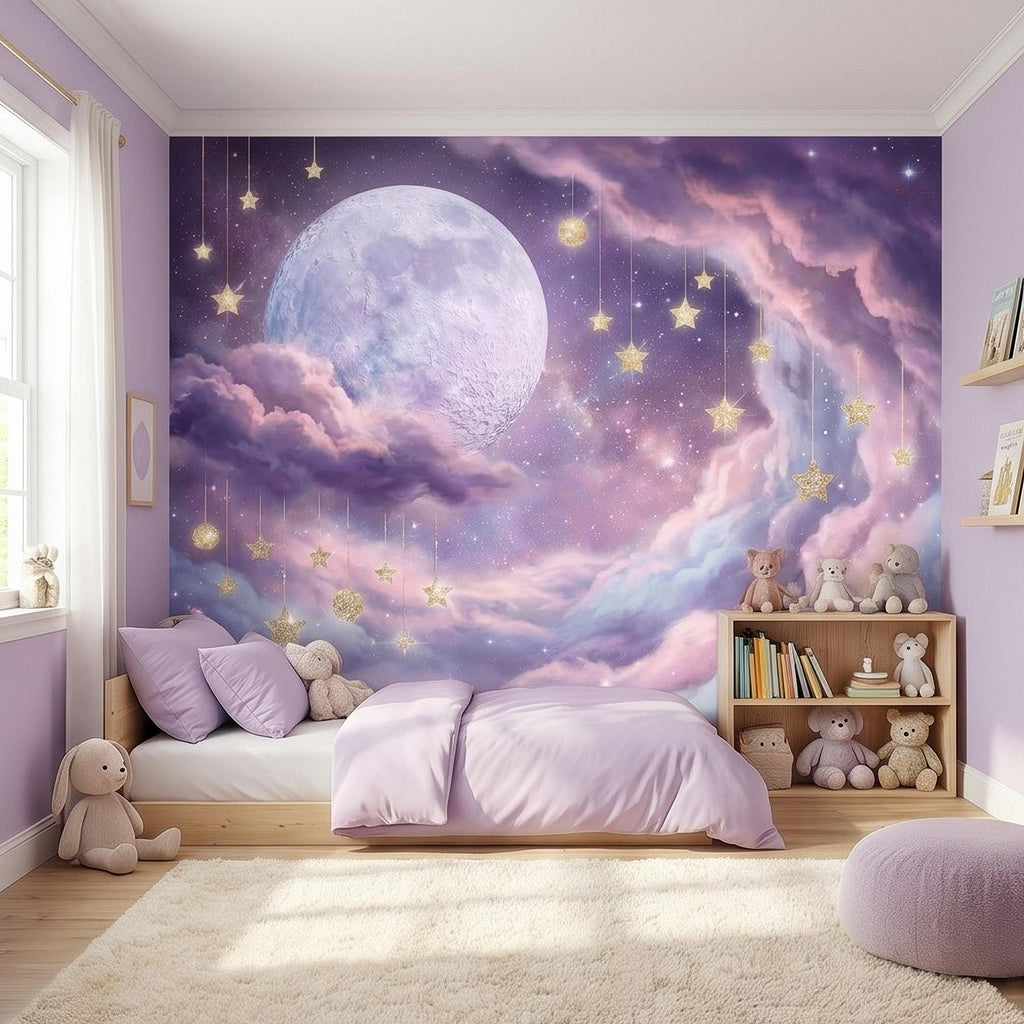 Celestial Moon Peel and Stick Wall Mural, Pink Purple Dreamy Sky with Hanging Stars, Fantasy Nursery Girls Room Wallpaper