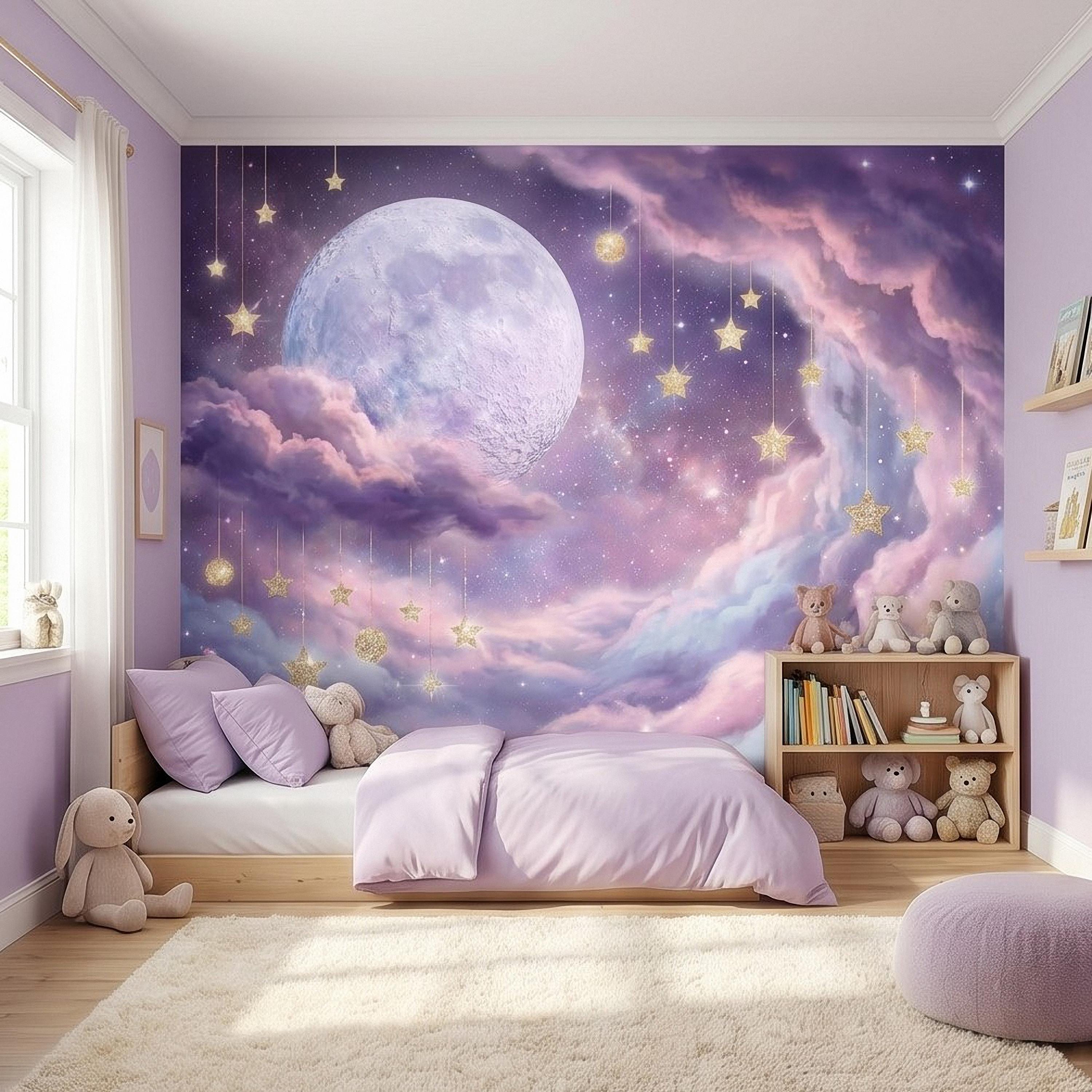 Celestial Moon Peel and Stick Wall Mural, Pink Purple Dreamy Sky with Hanging Stars, Fantasy Nursery Girls Room Wallpaper