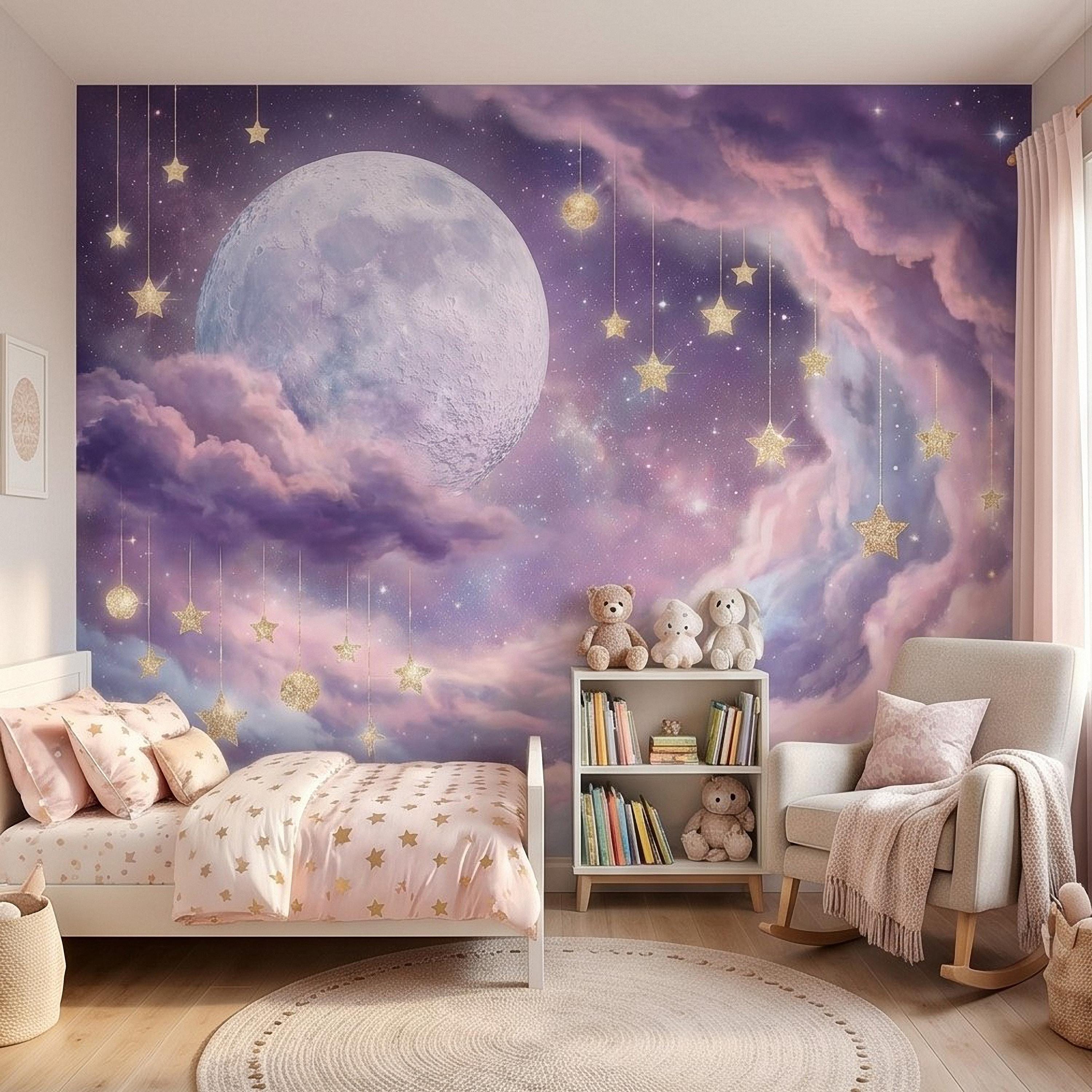 Celestial Moon Peel and Stick Wall Mural, Pink Purple Dreamy Sky with Hanging Stars, Fantasy Nursery Girls Room Wallpaper