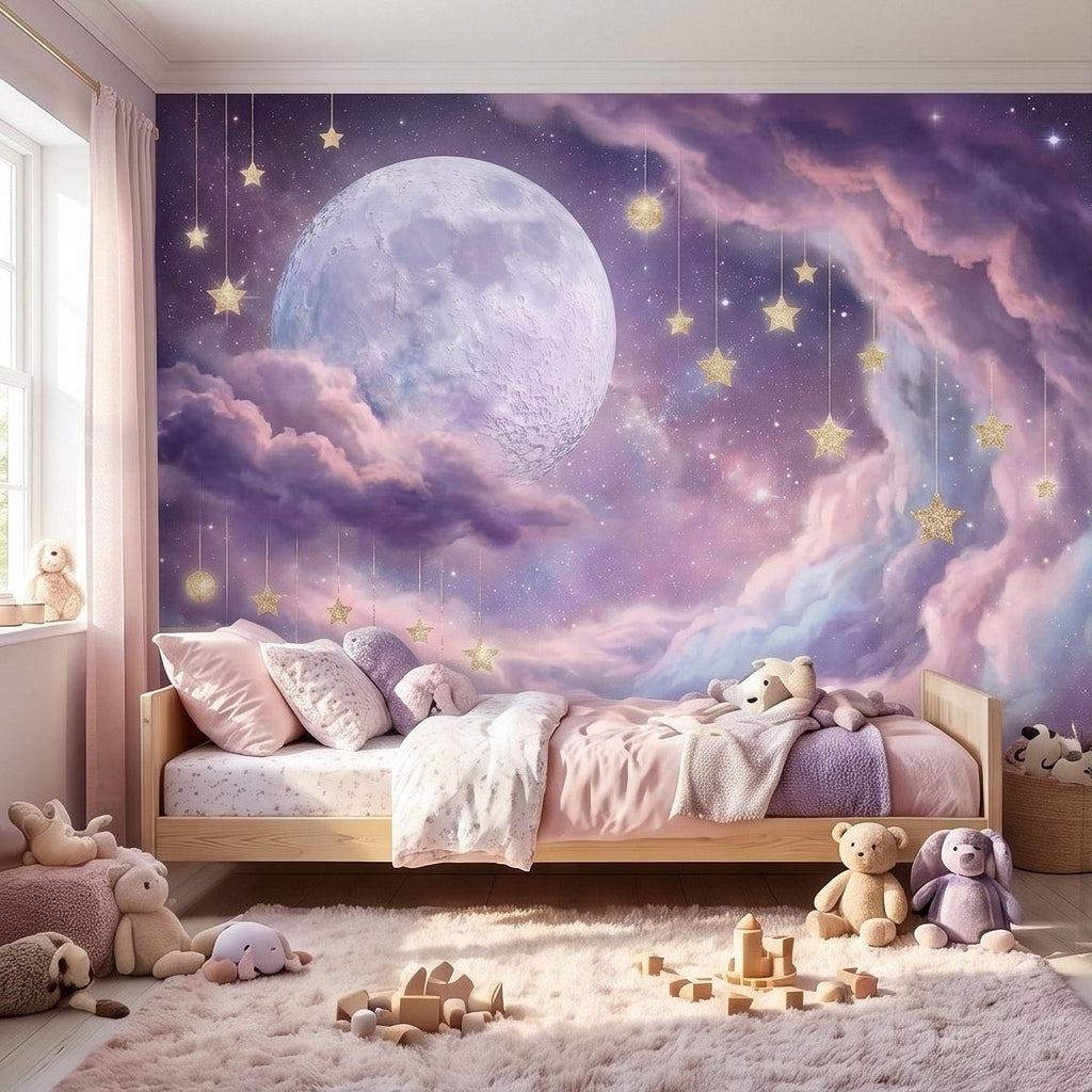 Celestial Moon Peel and Stick Wall Mural, Pink Purple Dreamy Sky with Hanging Stars, Fantasy Nursery Girls Room Wallpaper