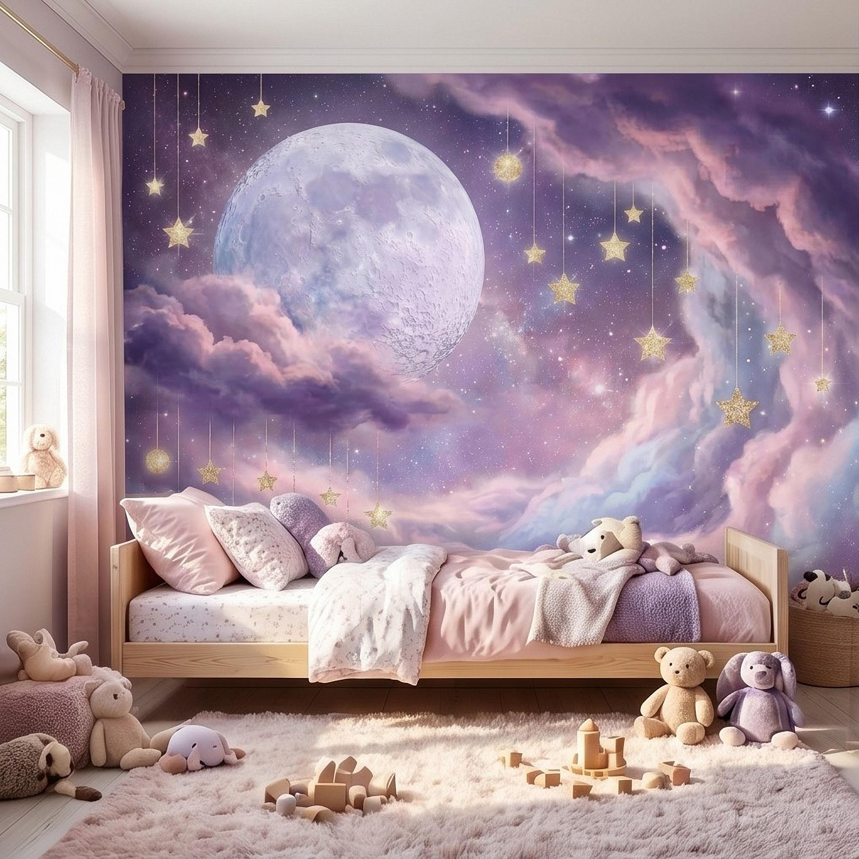 Celestial Moon Peel and Stick Wall Mural, Pink Purple Dreamy Sky with Hanging Stars, Fantasy Nursery Girls Room Wallpaper