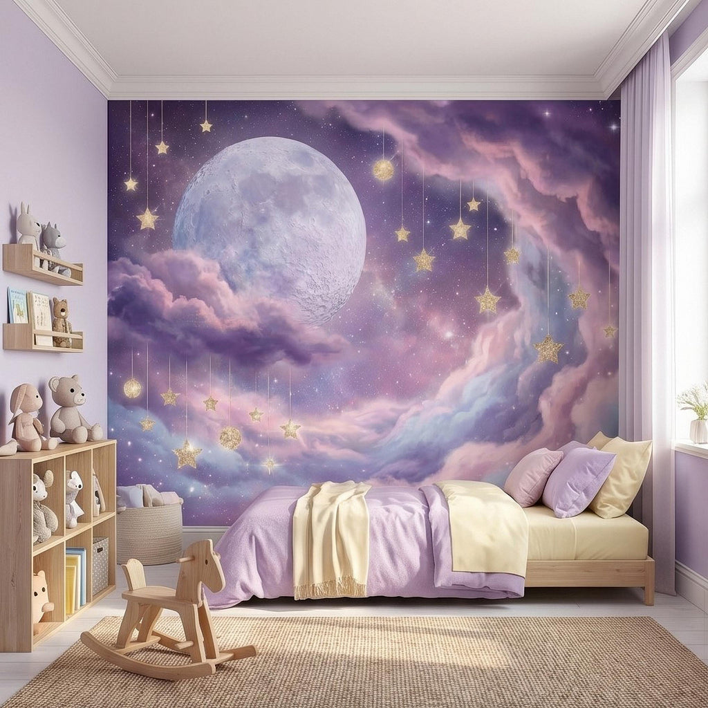 Celestial Moon Peel and Stick Wall Mural, Pink Purple Dreamy Sky with Hanging Stars, Fantasy Nursery Girls Room Wallpaper