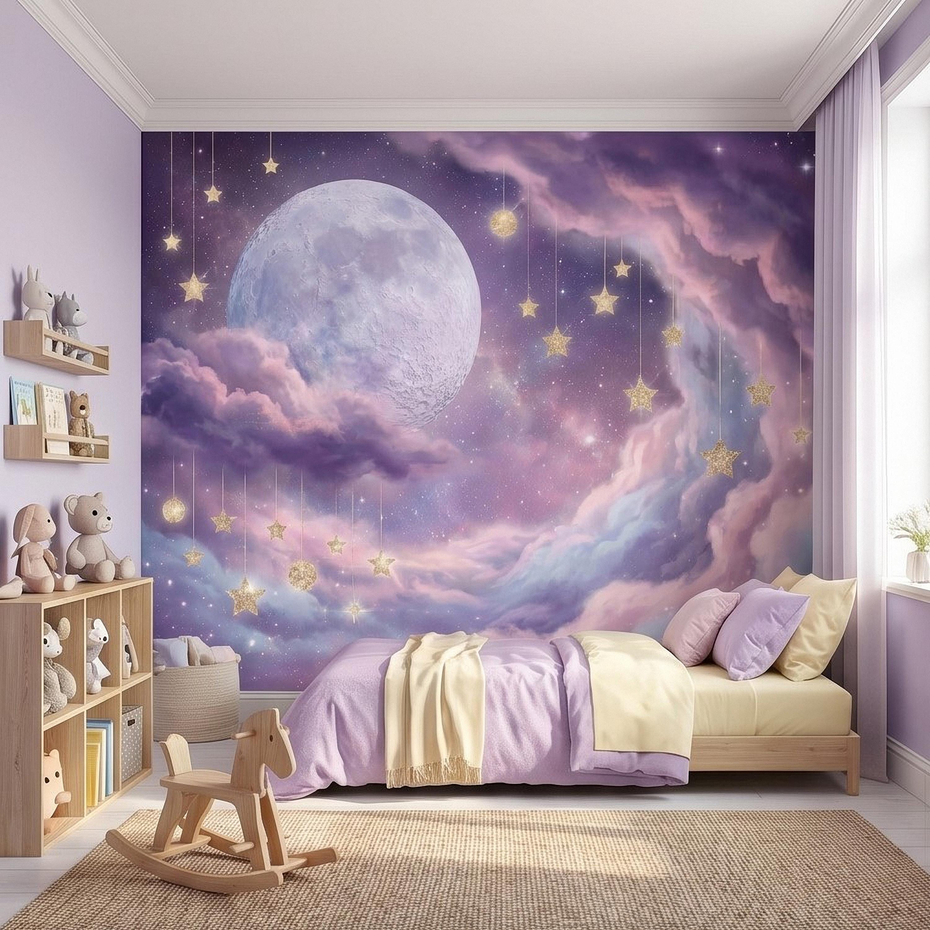 Celestial Moon Peel and Stick Wall Mural, Pink Purple Dreamy Sky with Hanging Stars, Fantasy Nursery Girls Room Wallpaper