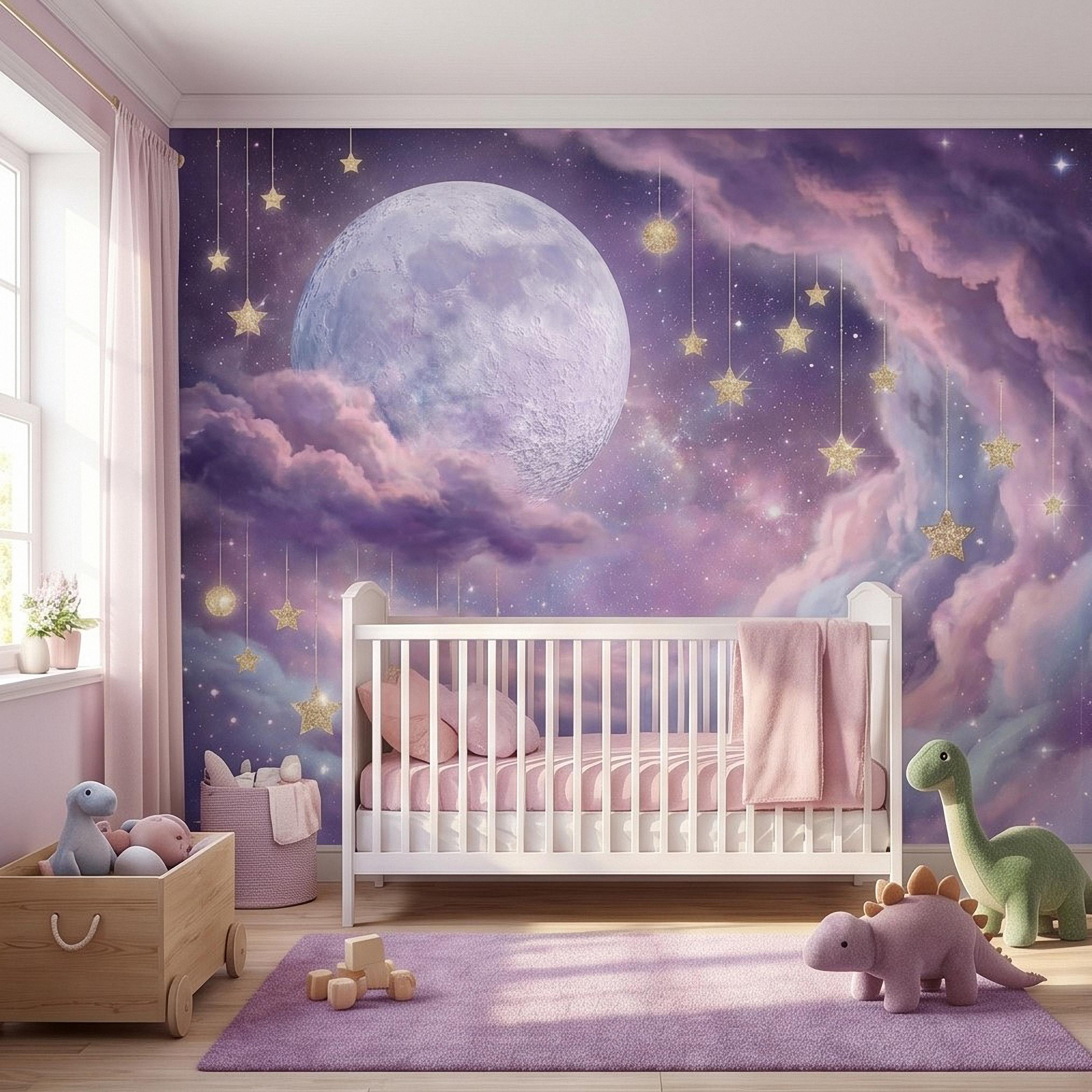 Celestial Moon Peel and Stick Wall Mural, Pink Purple Dreamy Sky with Hanging Stars, Fantasy Nursery Girls Room Wallpaper