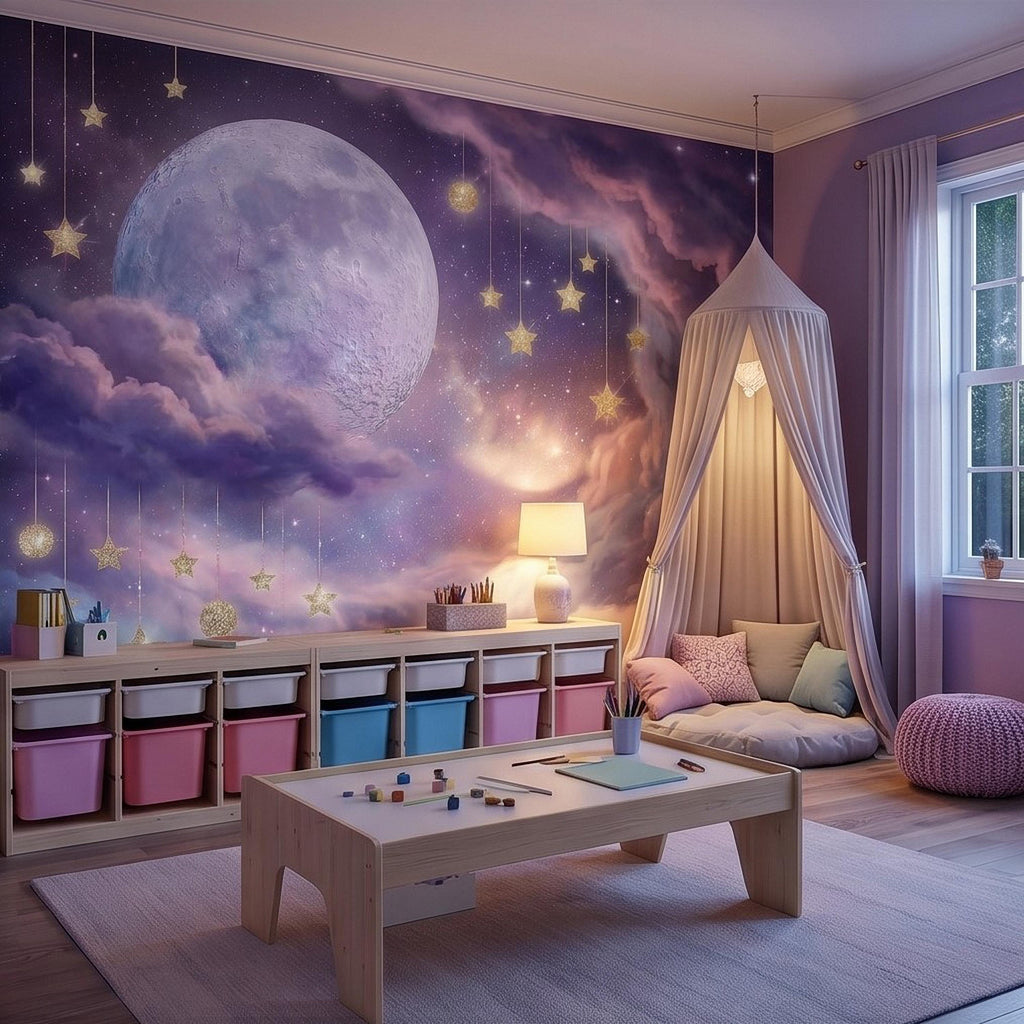 Celestial Moon Peel and Stick Wall Mural, Pink Purple Dreamy Sky with Hanging Stars, Fantasy Nursery Girls Room Wallpaper