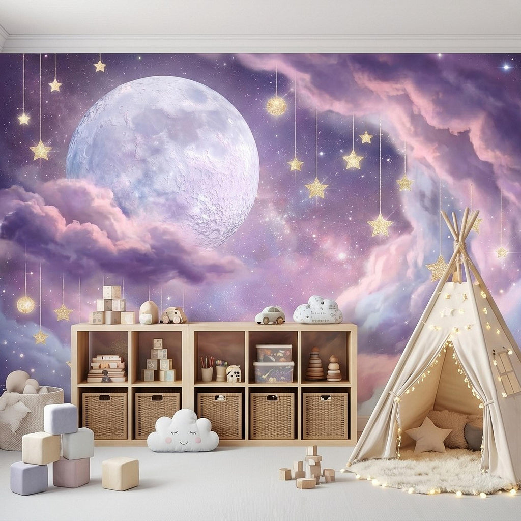 Celestial Moon Peel and Stick Wall Mural, Pink Purple Dreamy Sky with Hanging Stars, Fantasy Nursery Girls Room Wallpaper