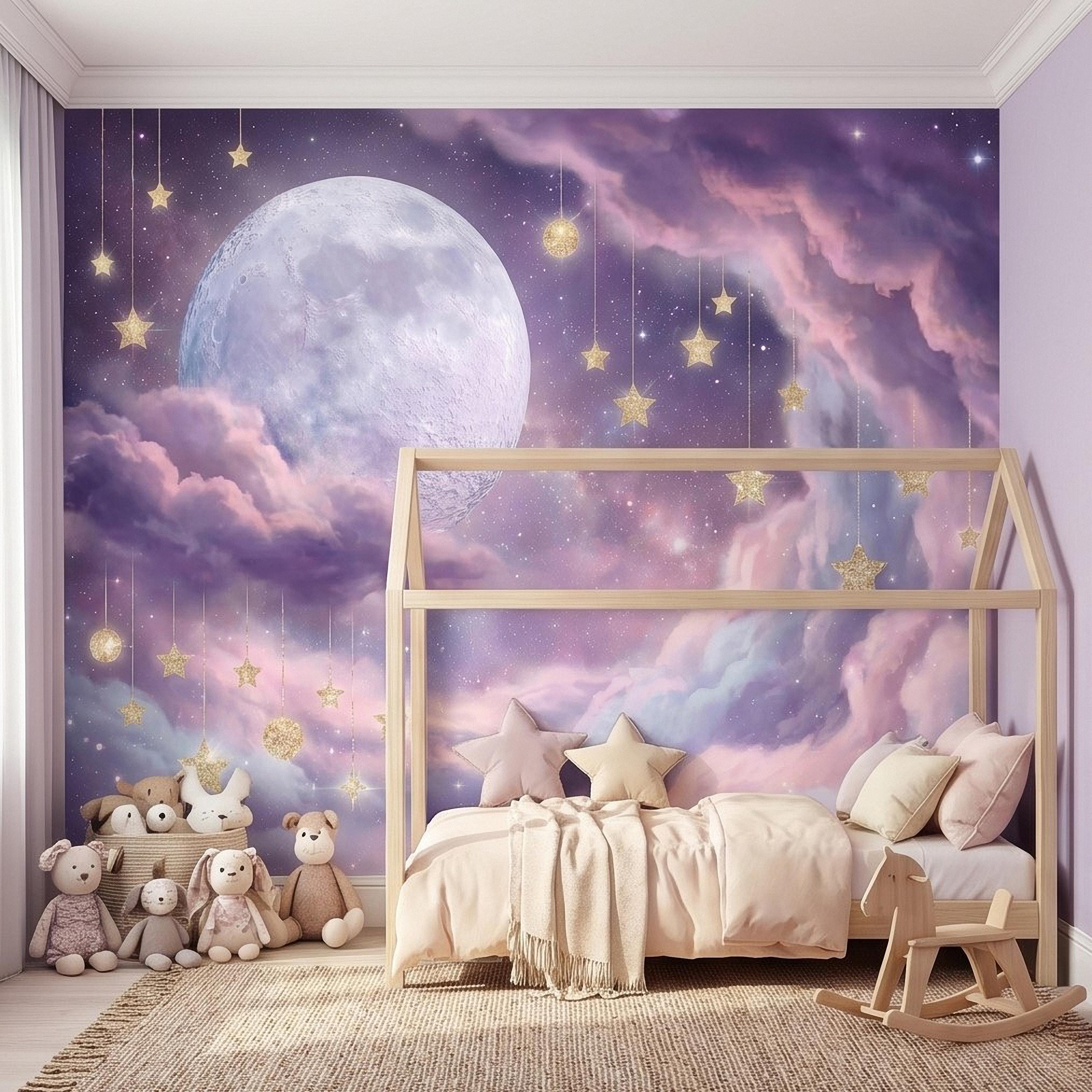 Celestial Moon Peel and Stick Wall Mural, Pink Purple Dreamy Sky with Hanging Stars, Fantasy Nursery Girls Room Wallpaper