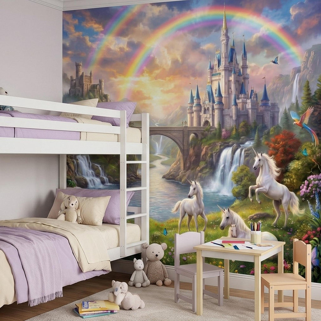 Unicorn Castle Peel and Stick Wall Mural, Rainbow Fairytale Landscape with Waterfalls, Magical Girls Room Nursery Wallpaper
