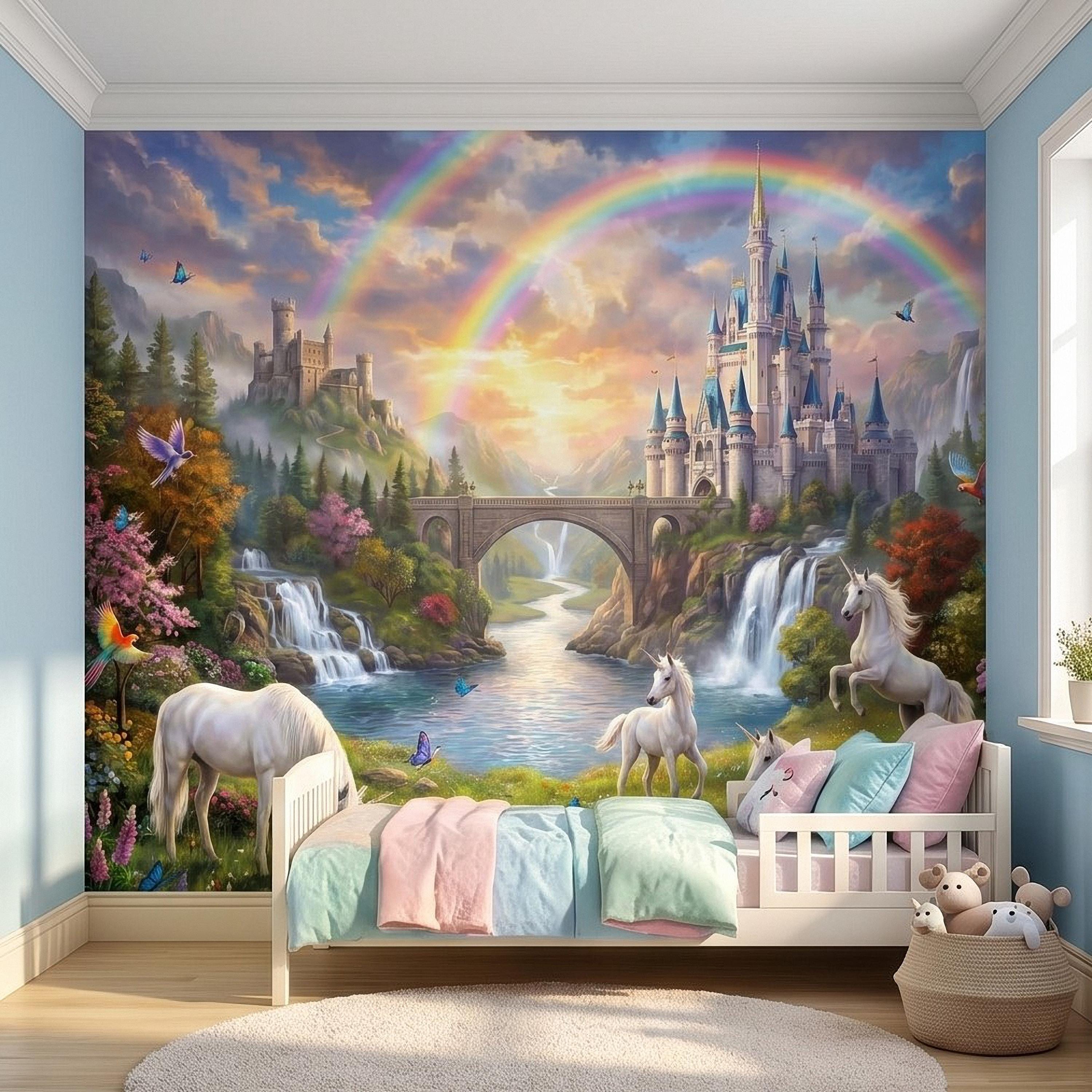 Unicorn Castle Peel and Stick Wall Mural, Rainbow Fairytale Landscape with Waterfalls, Magical Girls Room Nursery Wallpaper