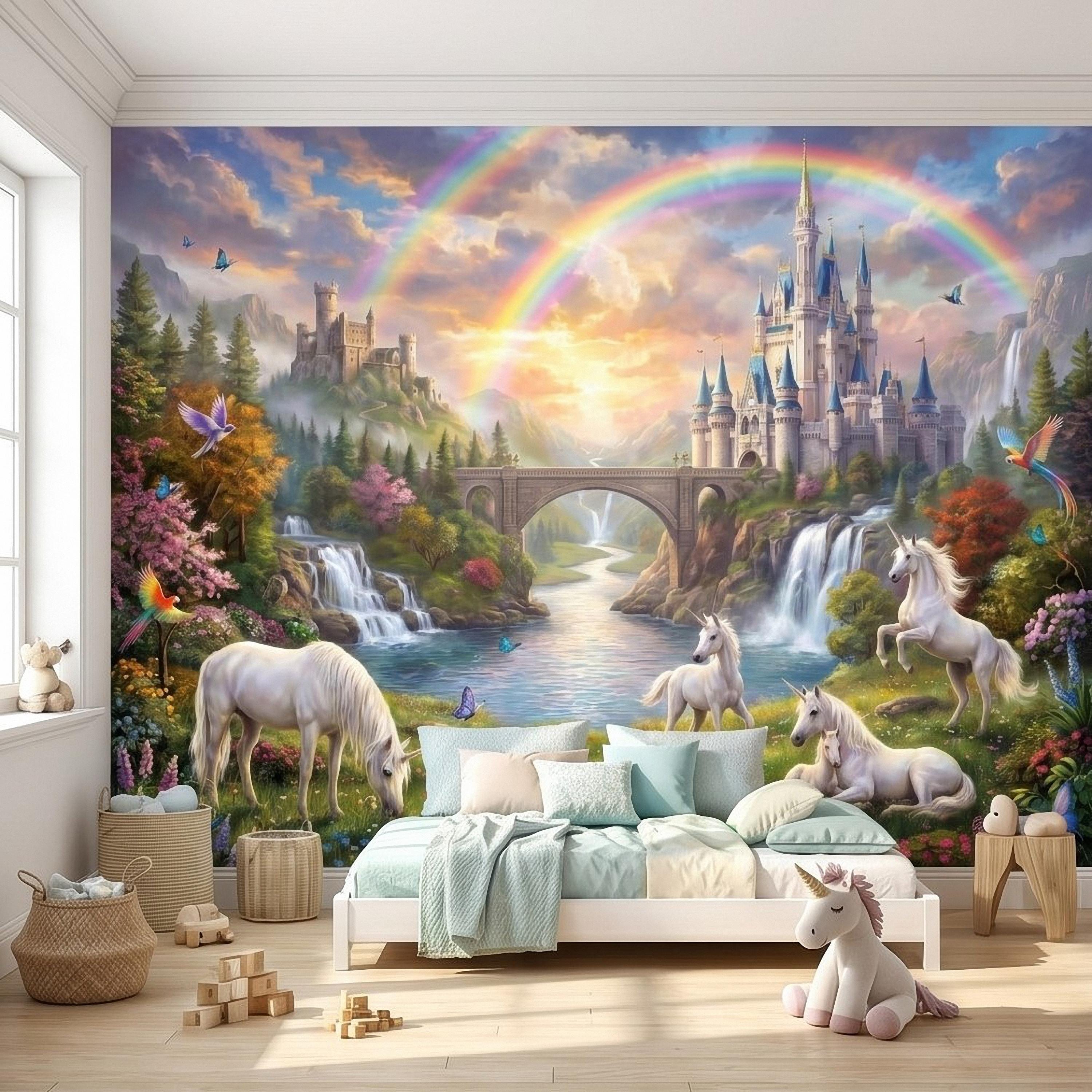 Unicorn Castle Peel and Stick Wall Mural, Rainbow Fairytale Landscape with Waterfalls, Magical Girls Room Nursery Wallpaper
