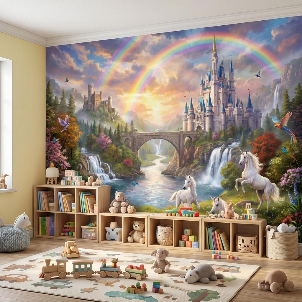 Unicorn Castle Peel and Stick Wall Mural, Rainbow Fairytale Landscape with Waterfalls, Magical Girls Room Nursery Wallpaper