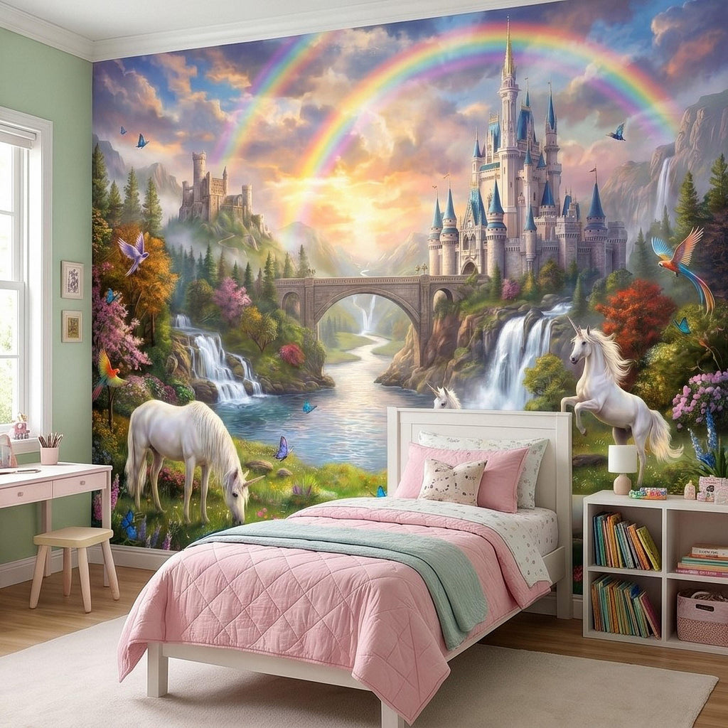 Unicorn Castle Peel and Stick Wall Mural, Rainbow Fairytale Landscape with Waterfalls, Magical Girls Room Nursery Wallpaper