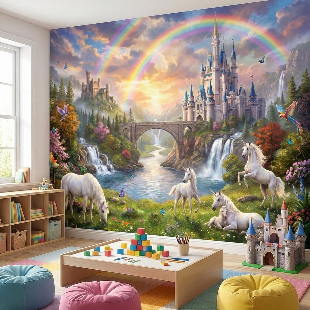 Unicorn Castle Peel and Stick Wall Mural, Rainbow Fairytale Landscape with Waterfalls, Magical Girls Room Nursery Wallpaper