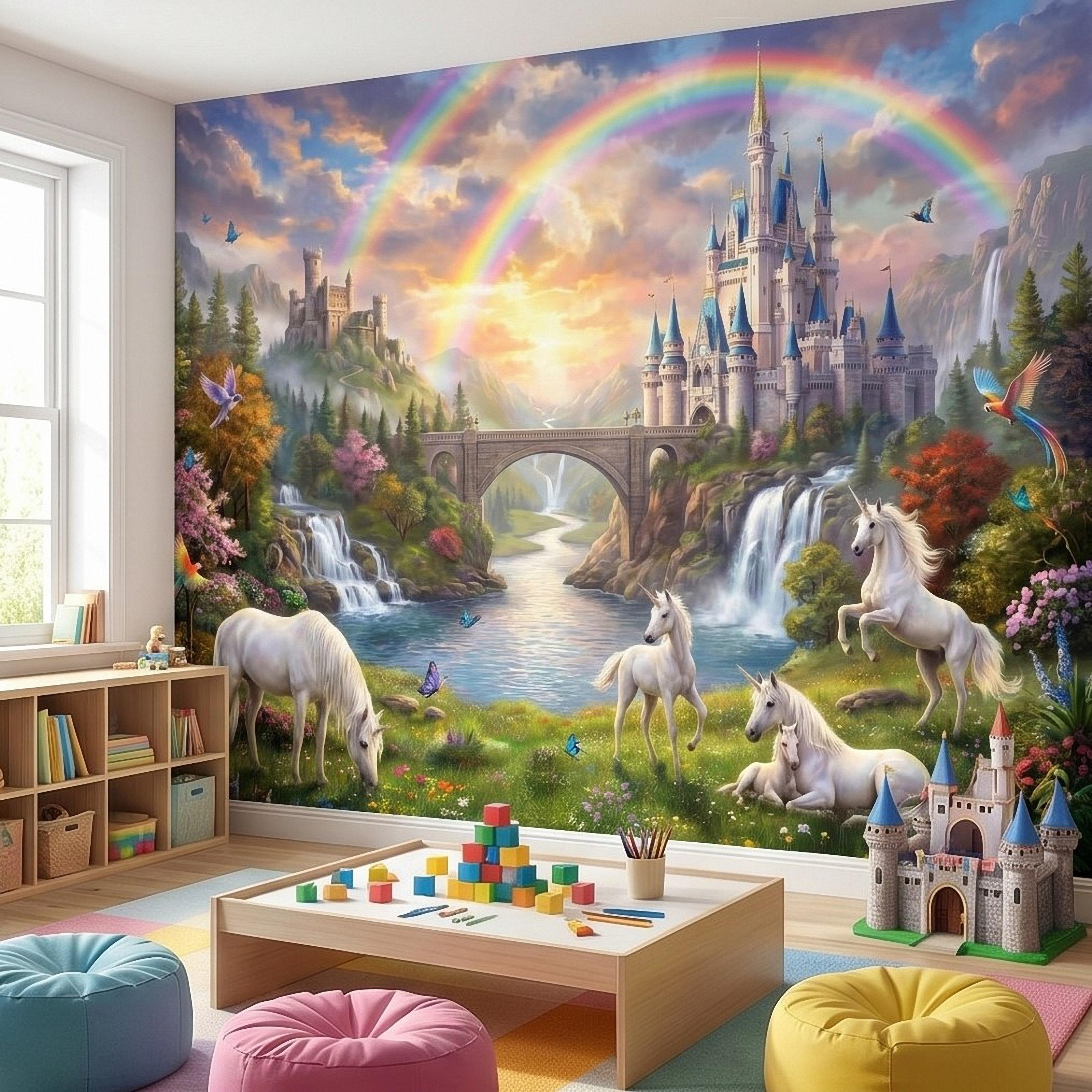 Unicorn Castle Peel and Stick Wall Mural, Rainbow Fairytale Landscape with Waterfalls, Magical Girls Room Nursery Wallpaper