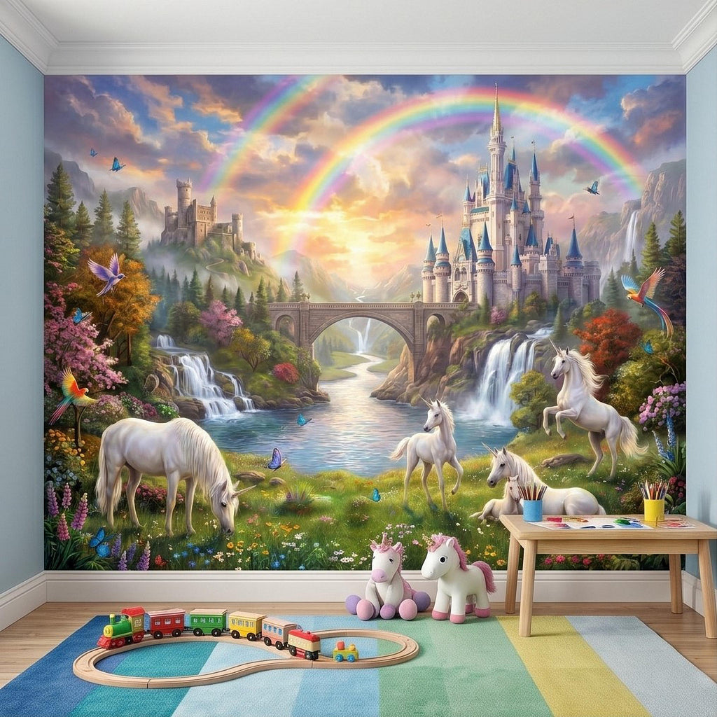 Unicorn Castle Peel and Stick Wall Mural, Rainbow Fairytale Landscape with Waterfalls, Magical Girls Room Nursery Wallpaper