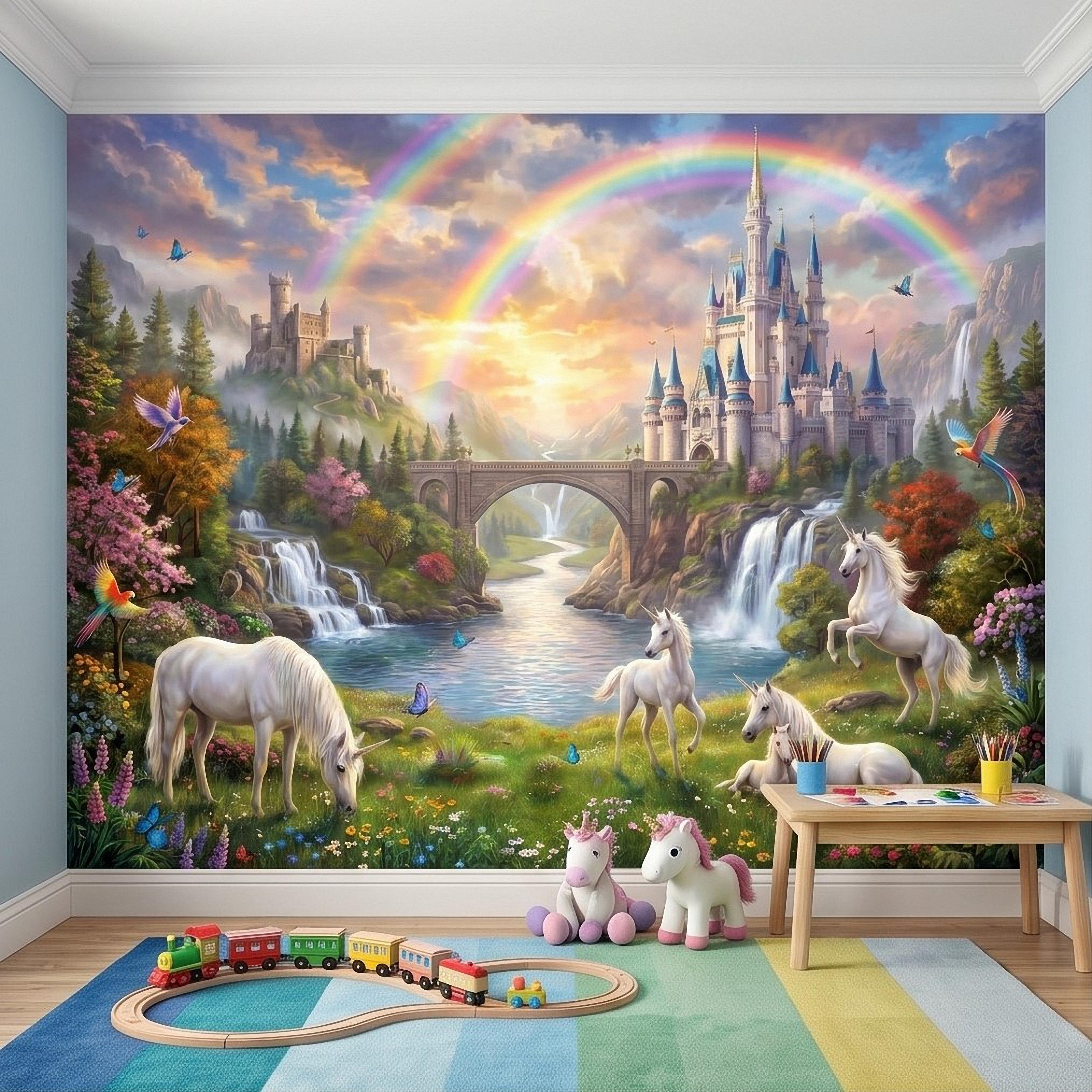Unicorn Castle Peel and Stick Wall Mural, Rainbow Fairytale Landscape with Waterfalls, Magical Girls Room Nursery Wallpaper