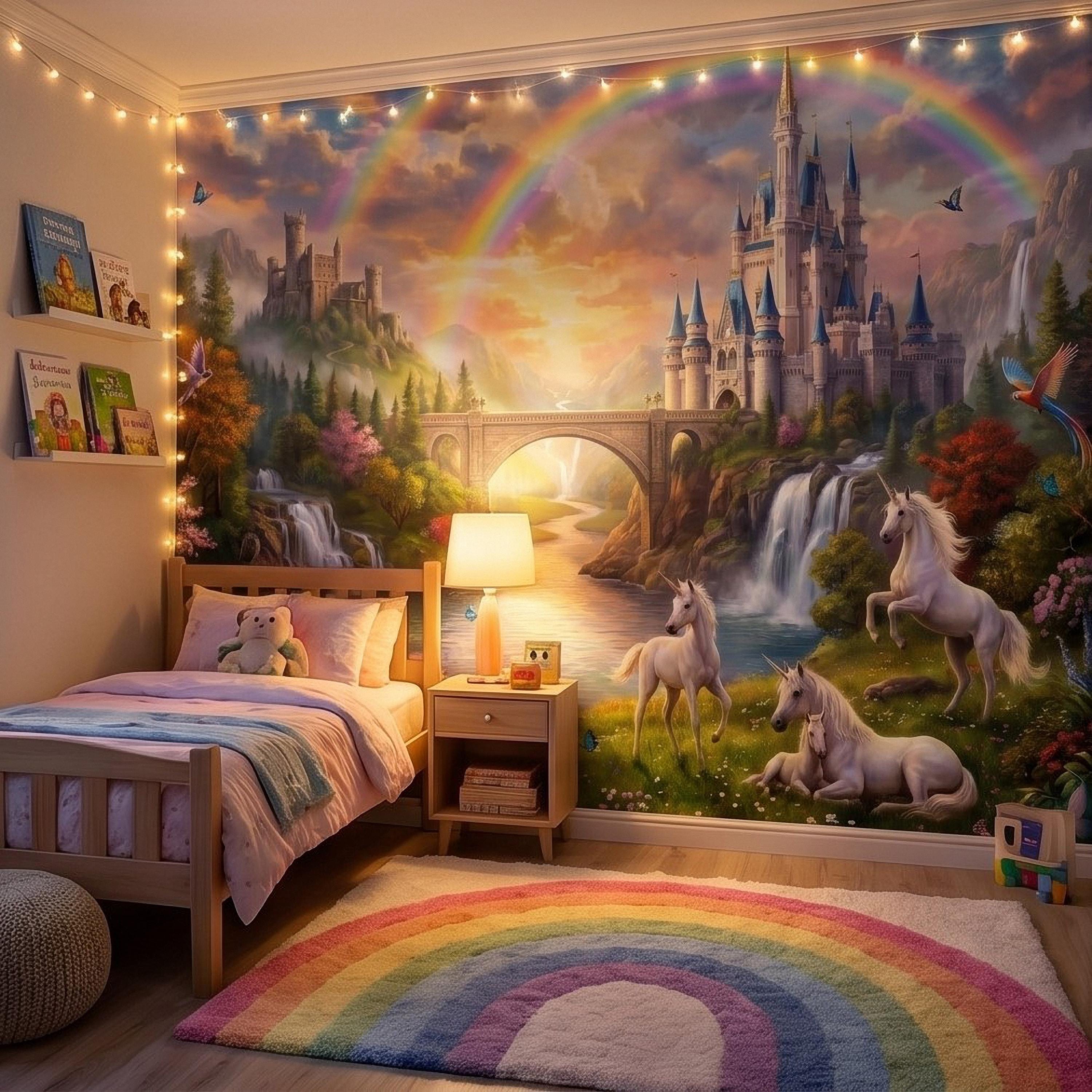 Unicorn Castle Peel and Stick Wall Mural, Rainbow Fairytale Landscape with Waterfalls, Magical Girls Room Nursery Wallpaper