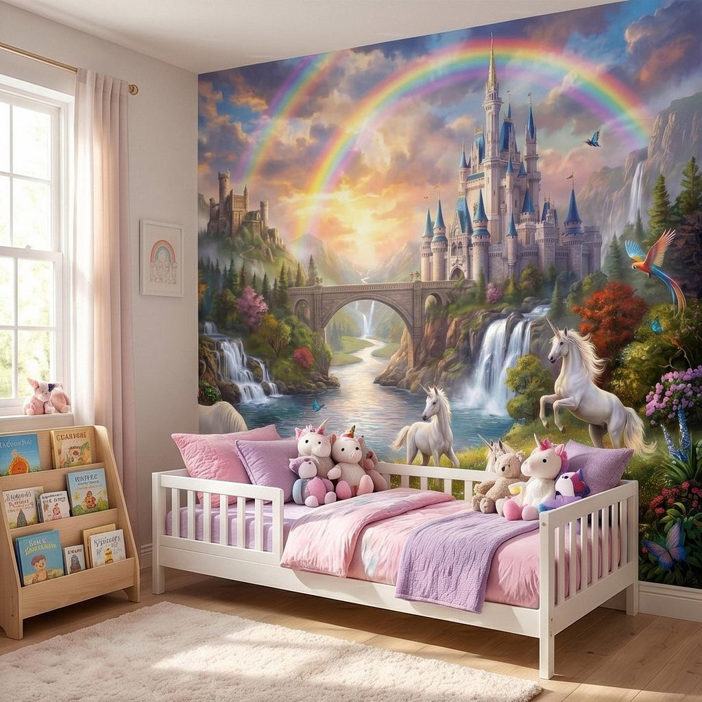 Unicorn Castle Peel and Stick Wall Mural, Rainbow Fairytale Landscape with Waterfalls, Magical Girls Room Nursery Wallpaper