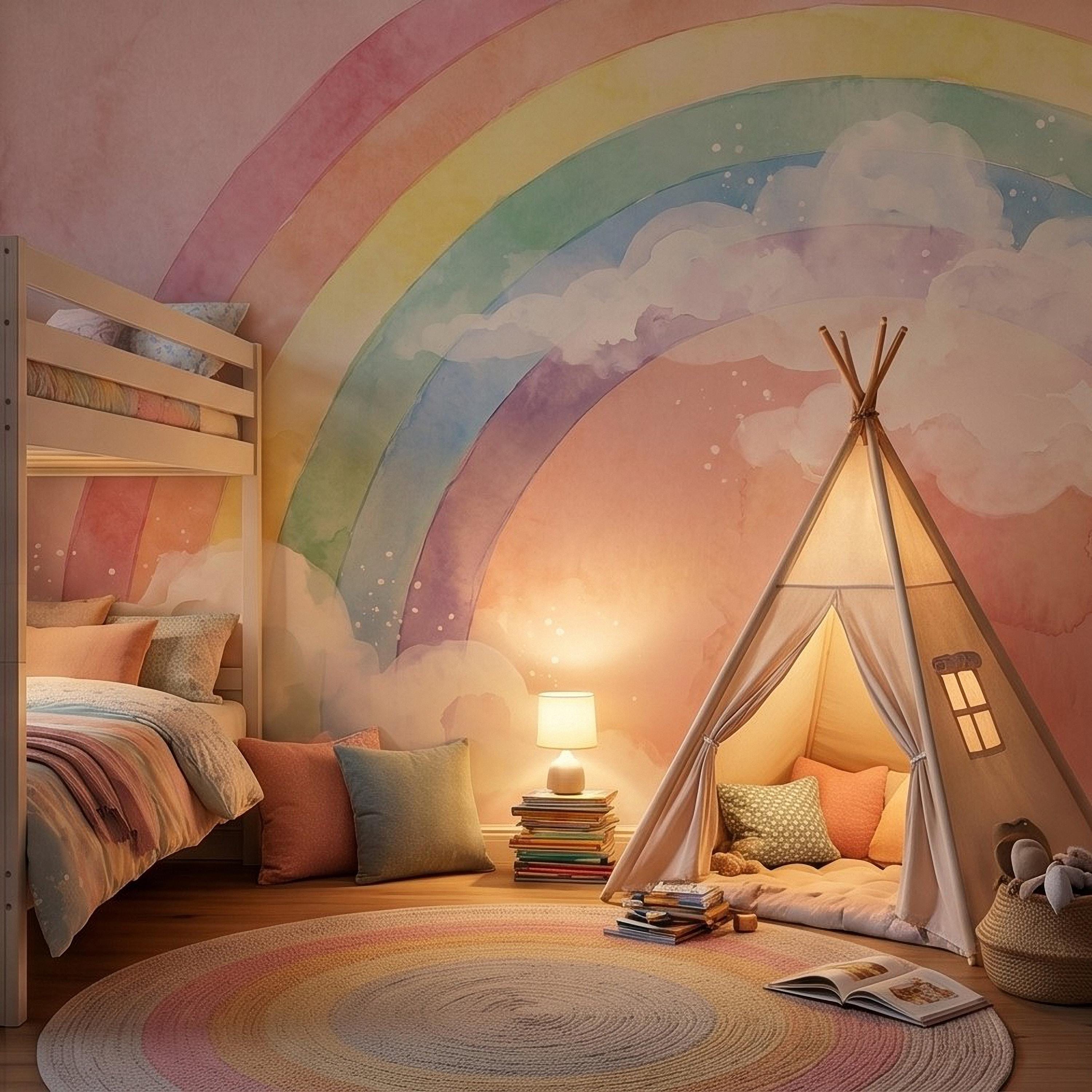 Pastel Rainbow Peel and Stick Wall Mural, Watercolor Pink Sky and Clouds, Soft Boho Nursery Girls Room Wallpaper