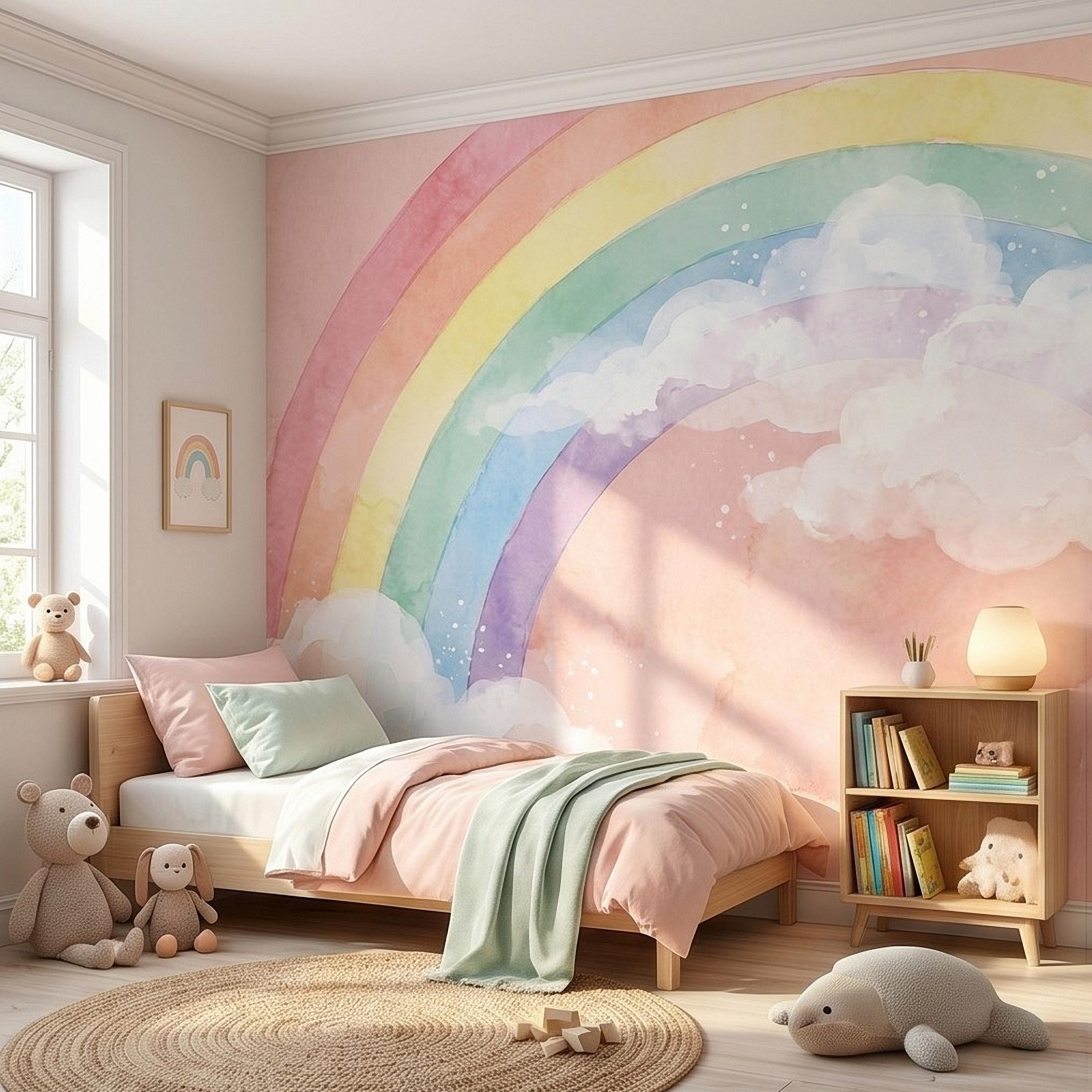 Pastel Rainbow Peel and Stick Wall Mural, Watercolor Pink Sky and Clouds, Soft Boho Nursery Girls Room Wallpaper