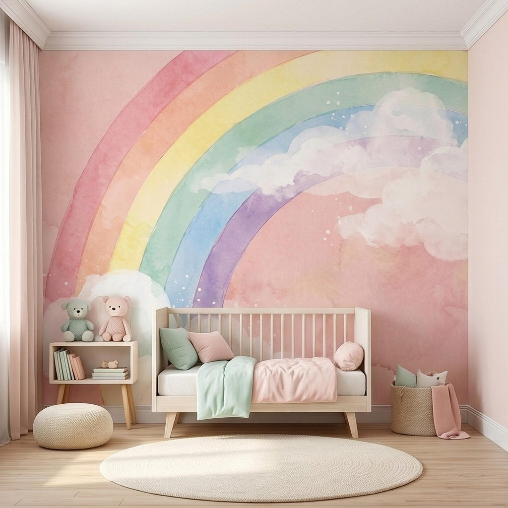 Pastel Rainbow Peel and Stick Wall Mural, Watercolor Pink Sky and Clouds, Soft Boho Nursery Girls Room Wallpaper