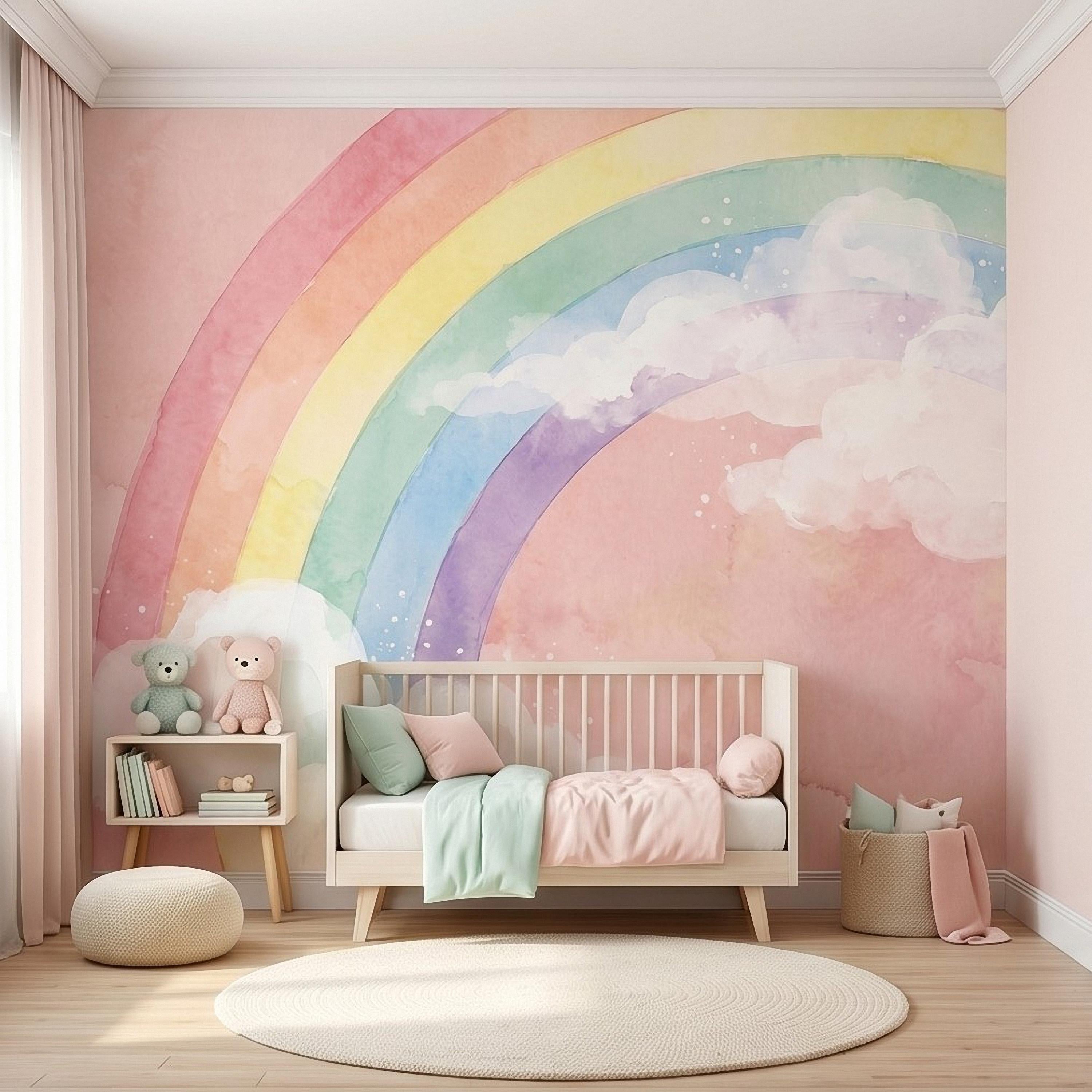 Pastel Rainbow Peel and Stick Wall Mural, Watercolor Pink Sky and Clouds, Soft Boho Nursery Girls Room Wallpaper