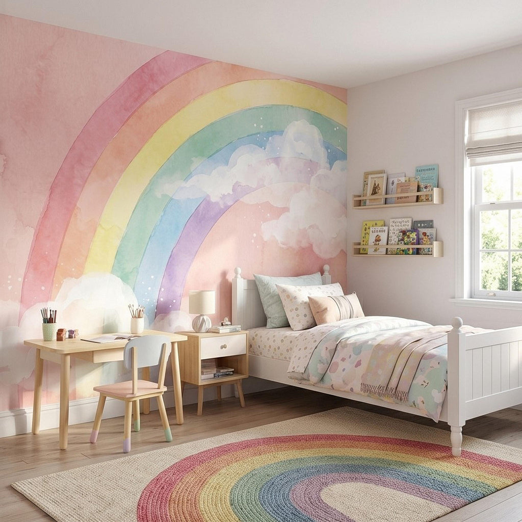 Pastel Rainbow Peel and Stick Wall Mural, Watercolor Pink Sky and Clouds, Soft Boho Nursery Girls Room Wallpaper