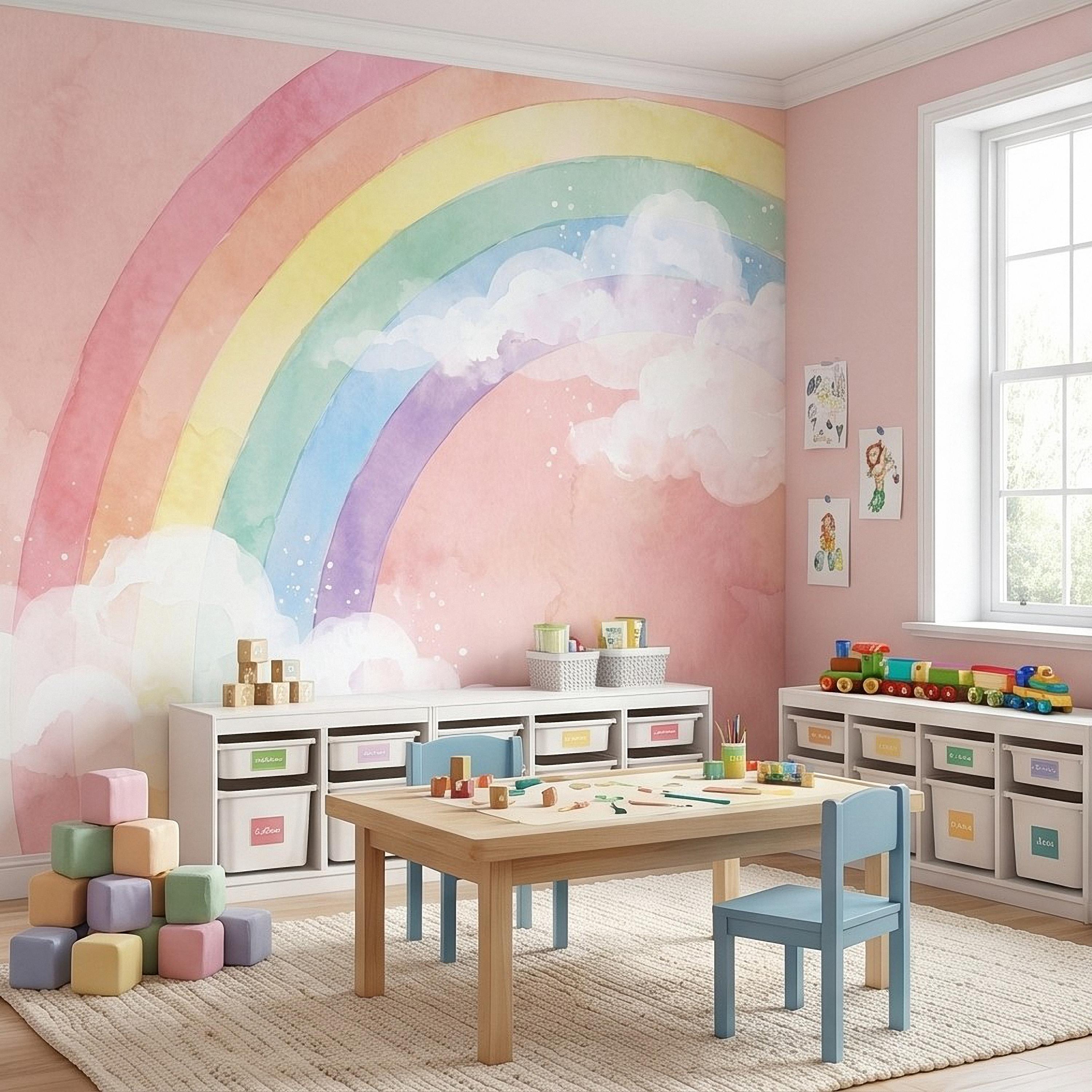 Pastel Rainbow Peel and Stick Wall Mural, Watercolor Pink Sky and Clouds, Soft Boho Nursery Girls Room Wallpaper