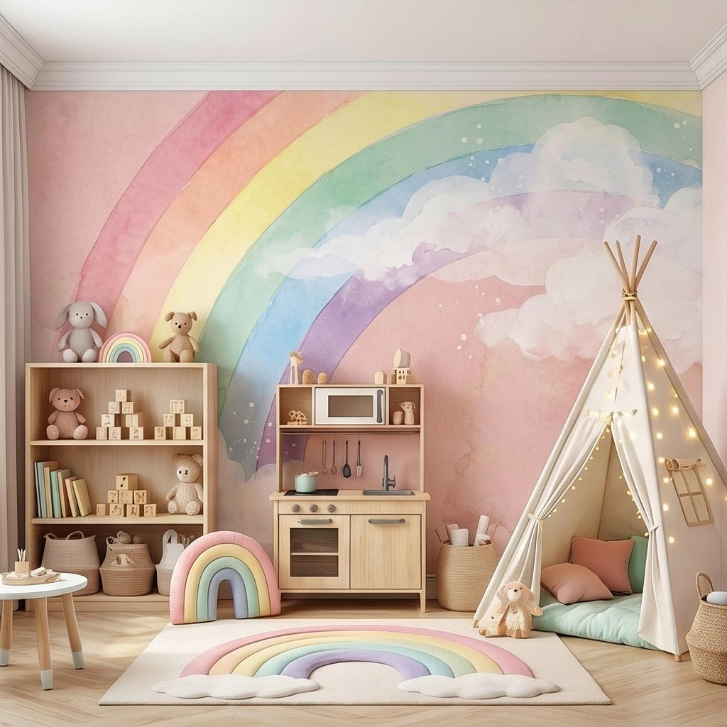 Pastel Rainbow Peel and Stick Wall Mural, Watercolor Pink Sky and Clouds, Soft Boho Nursery Girls Room Wallpaper