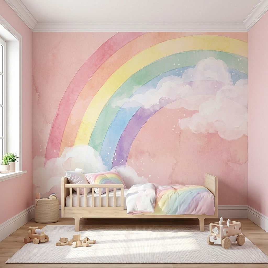 Pastel Rainbow Peel and Stick Wall Mural, Watercolor Pink Sky and Clouds, Soft Boho Nursery Girls Room Wallpaper