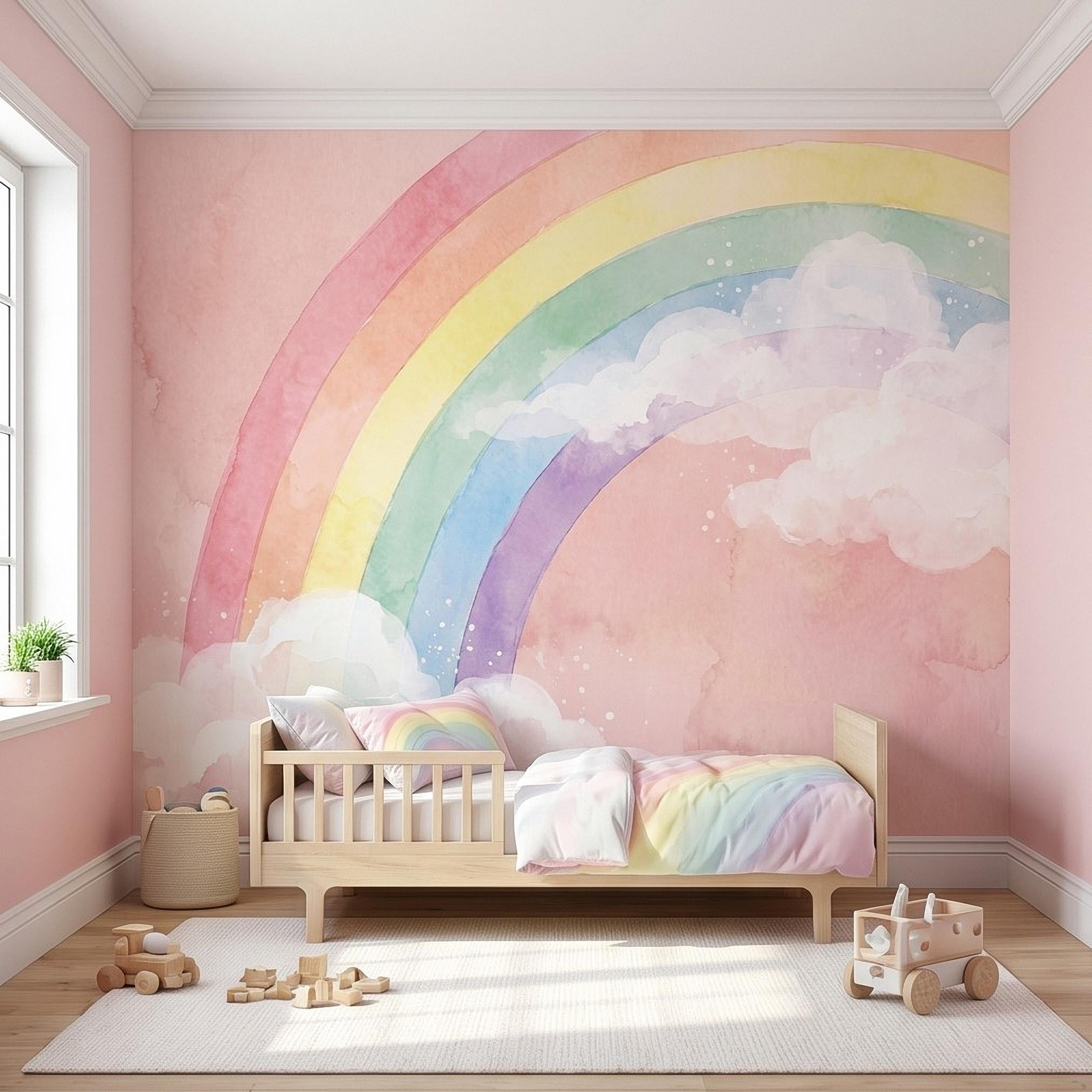 Pastel Rainbow Peel and Stick Wall Mural, Watercolor Pink Sky and Clouds, Soft Boho Nursery Girls Room Wallpaper