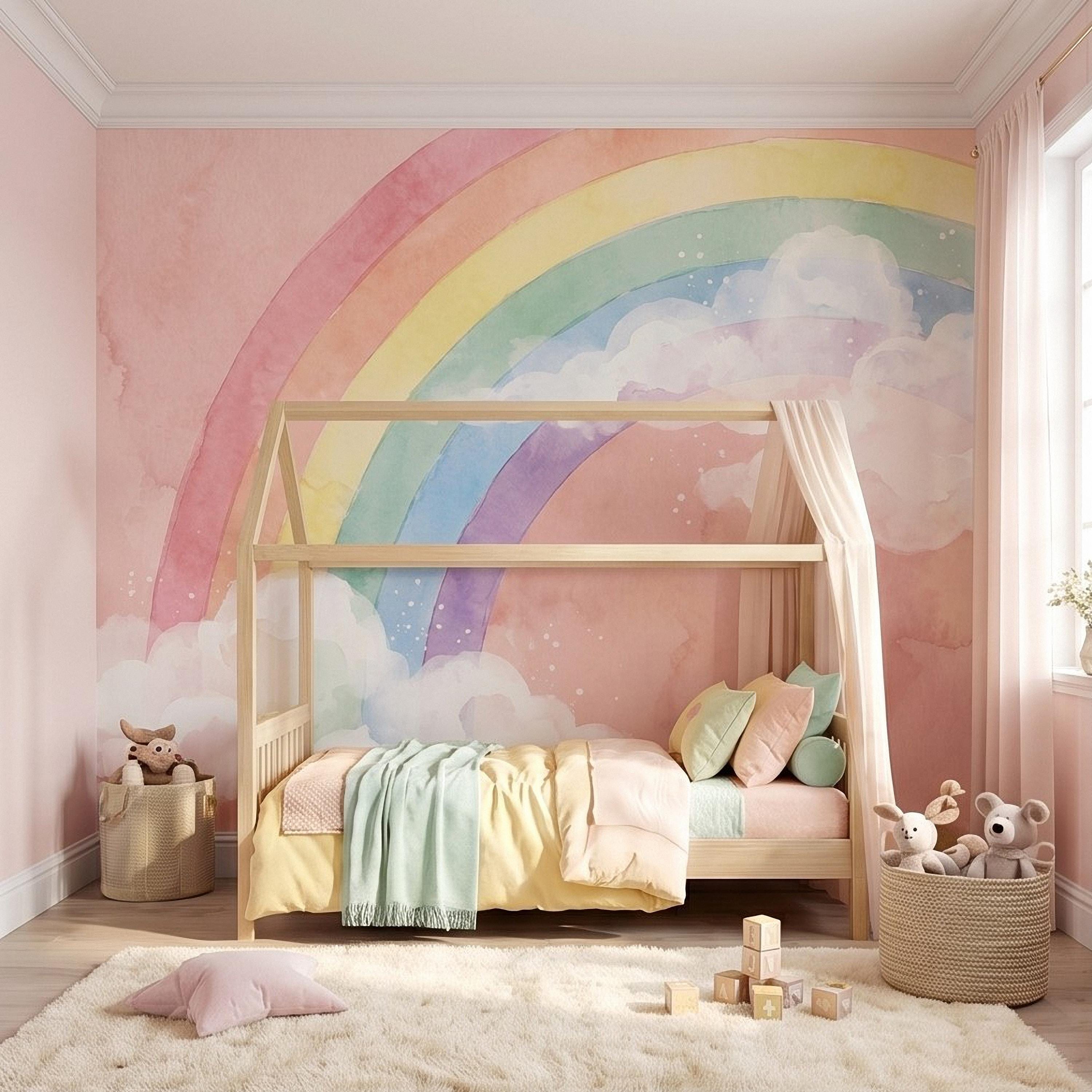 Pastel Rainbow Peel and Stick Wall Mural, Watercolor Pink Sky and Clouds, Soft Boho Nursery Girls Room Wallpaper