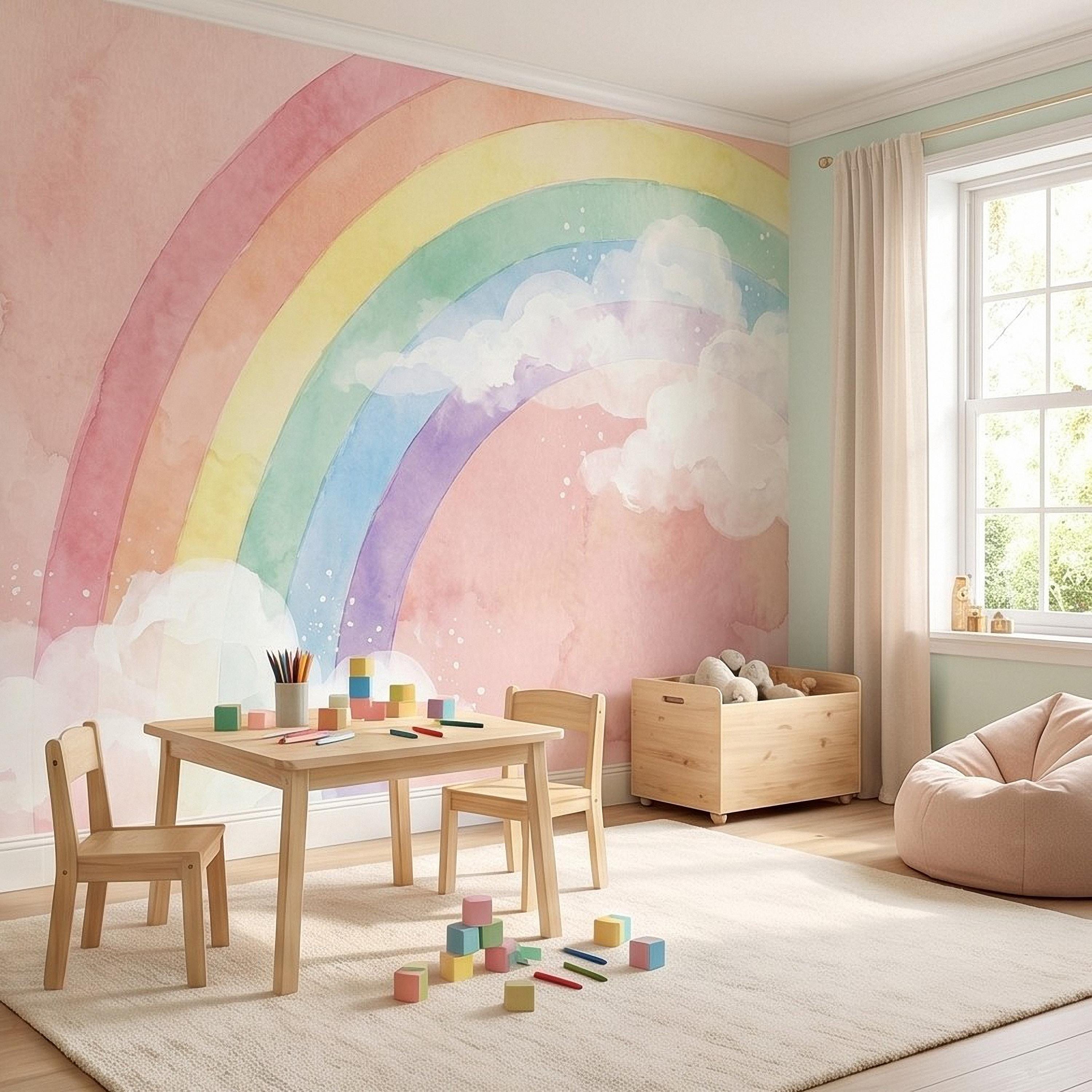 Pastel Rainbow Peel and Stick Wall Mural, Watercolor Pink Sky and Clouds, Soft Boho Nursery Girls Room Wallpaper