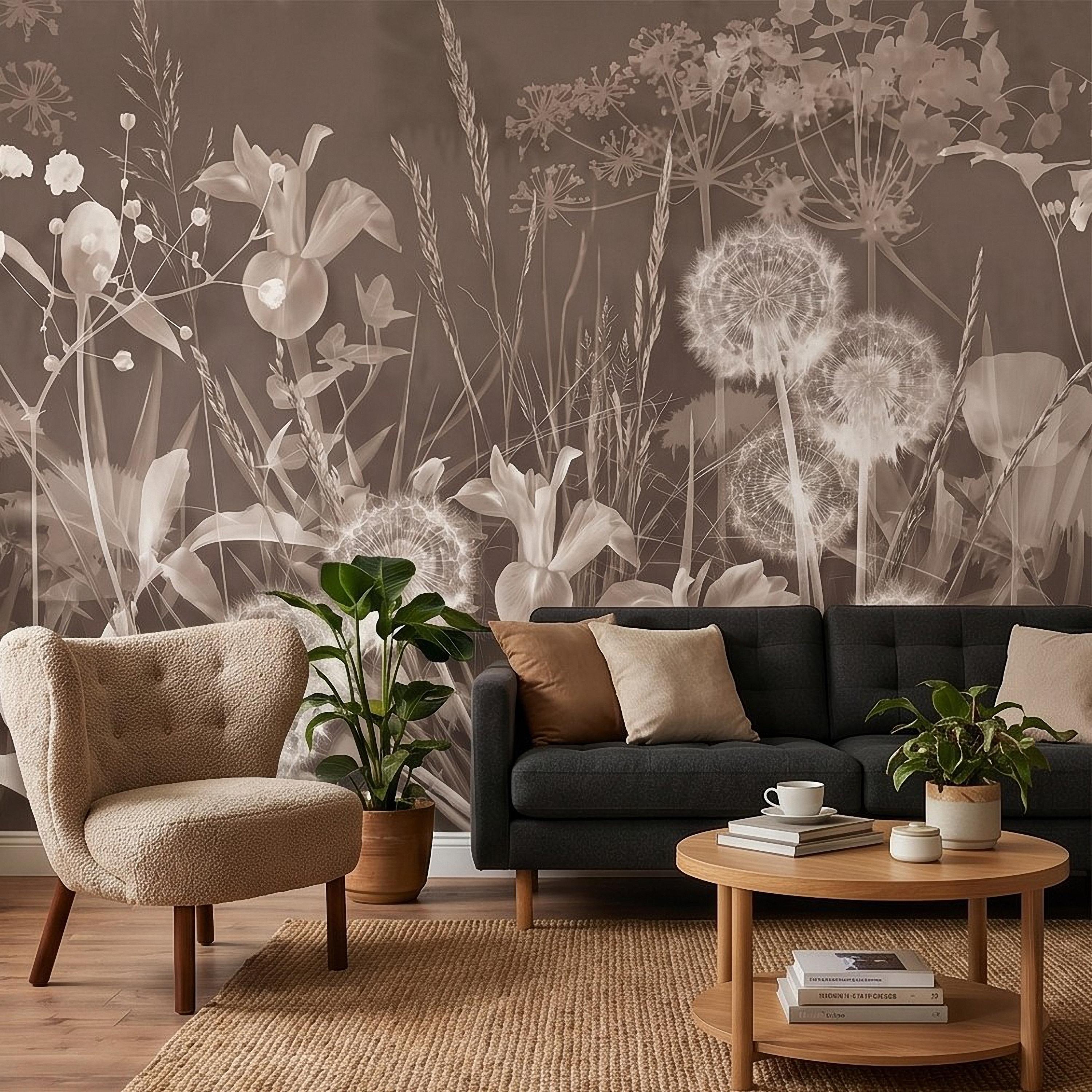 Neutral Sepia Meadow Botanical Peel and Stick Wall Mural, Dandelion Puffs Wildflowers & Grasses, Vintage Monochrome Cottage Floral Wallpaper