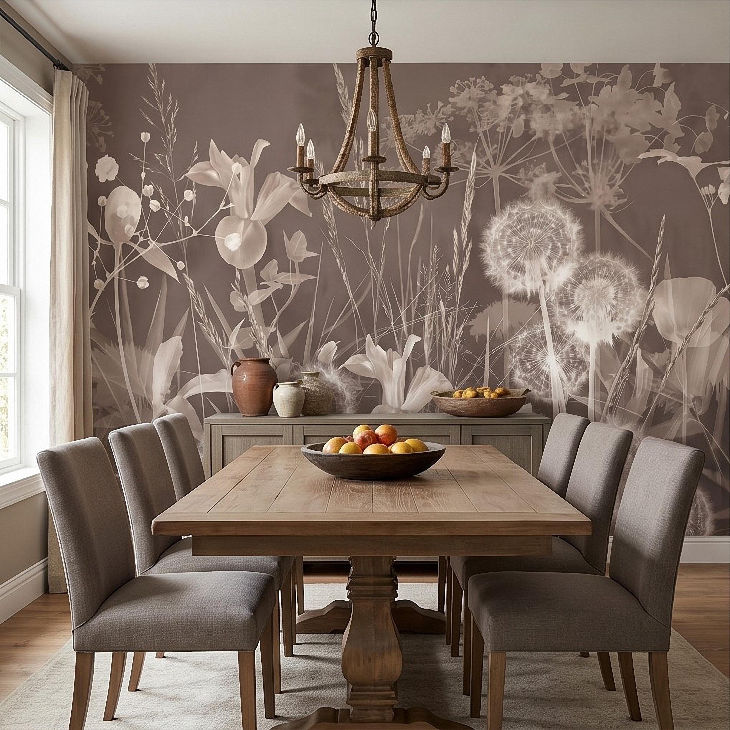 Neutral Sepia Meadow Botanical Peel and Stick Wall Mural, Dandelion Puffs Wildflowers & Grasses, Vintage Monochrome Cottage Floral Wallpaper