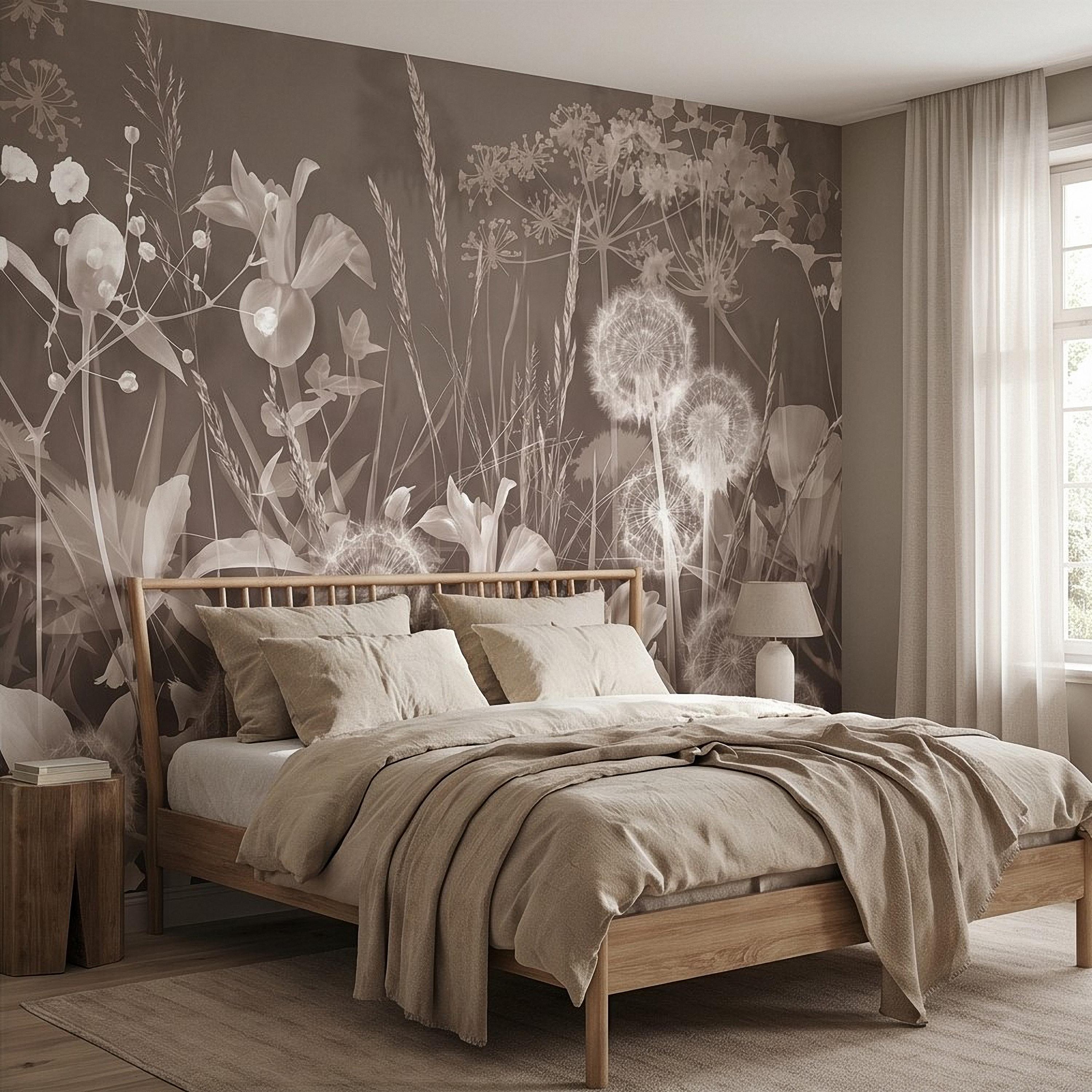 Neutral Sepia Meadow Botanical Peel and Stick Wall Mural, Dandelion Puffs Wildflowers & Grasses, Vintage Monochrome Cottage Floral Wallpaper