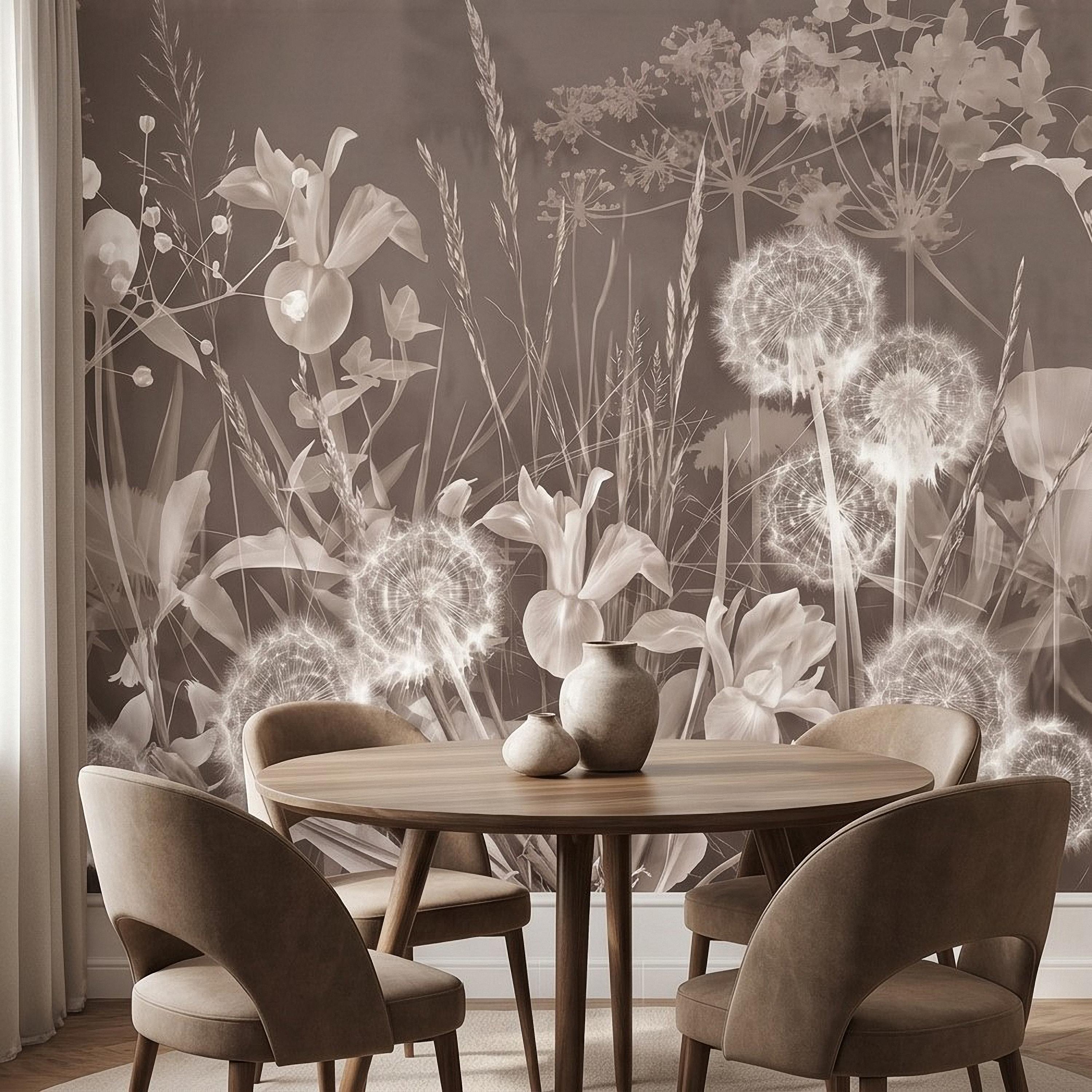 Neutral Sepia Meadow Botanical Peel and Stick Wall Mural, Dandelion Puffs Wildflowers & Grasses, Vintage Monochrome Cottage Floral Wallpaper