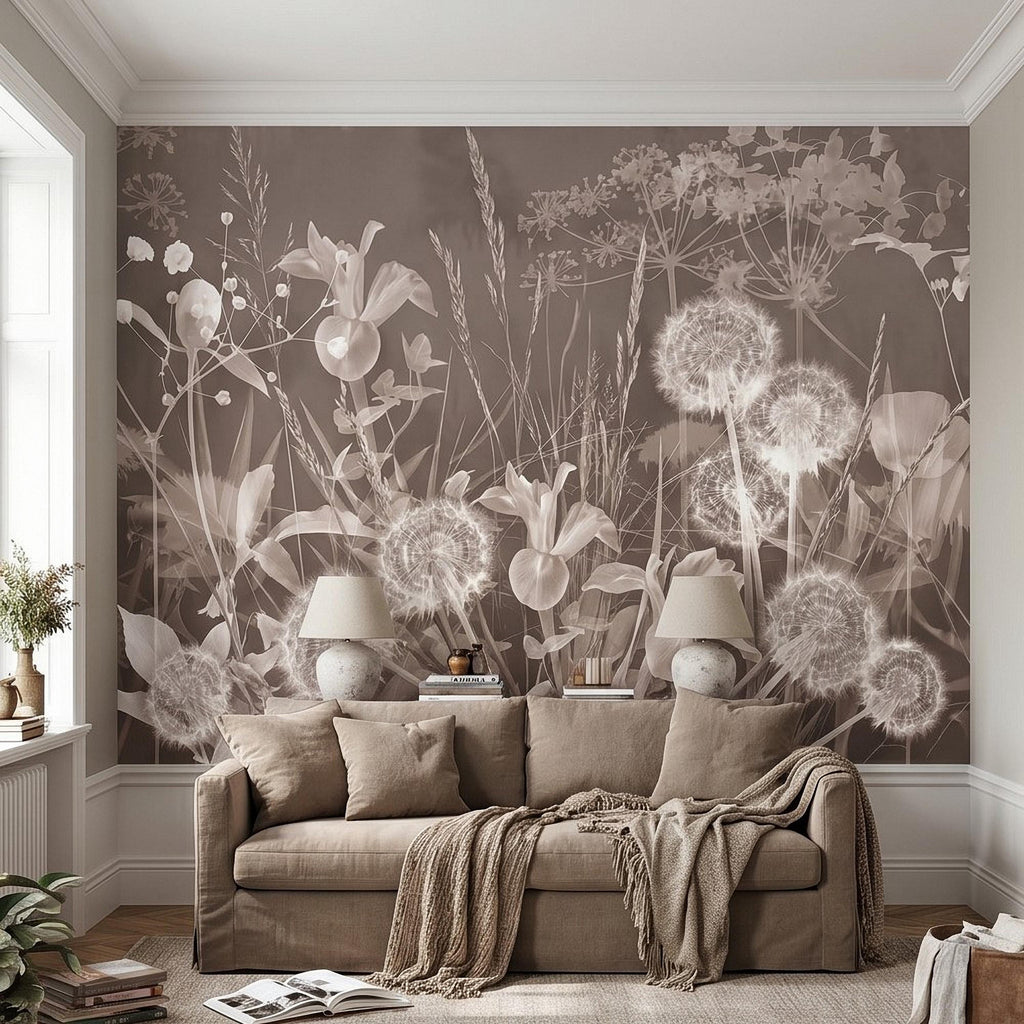 Neutral Sepia Meadow Botanical Peel and Stick Wall Mural, Dandelion Puffs Wildflowers & Grasses, Vintage Monochrome Cottage Floral Wallpaper