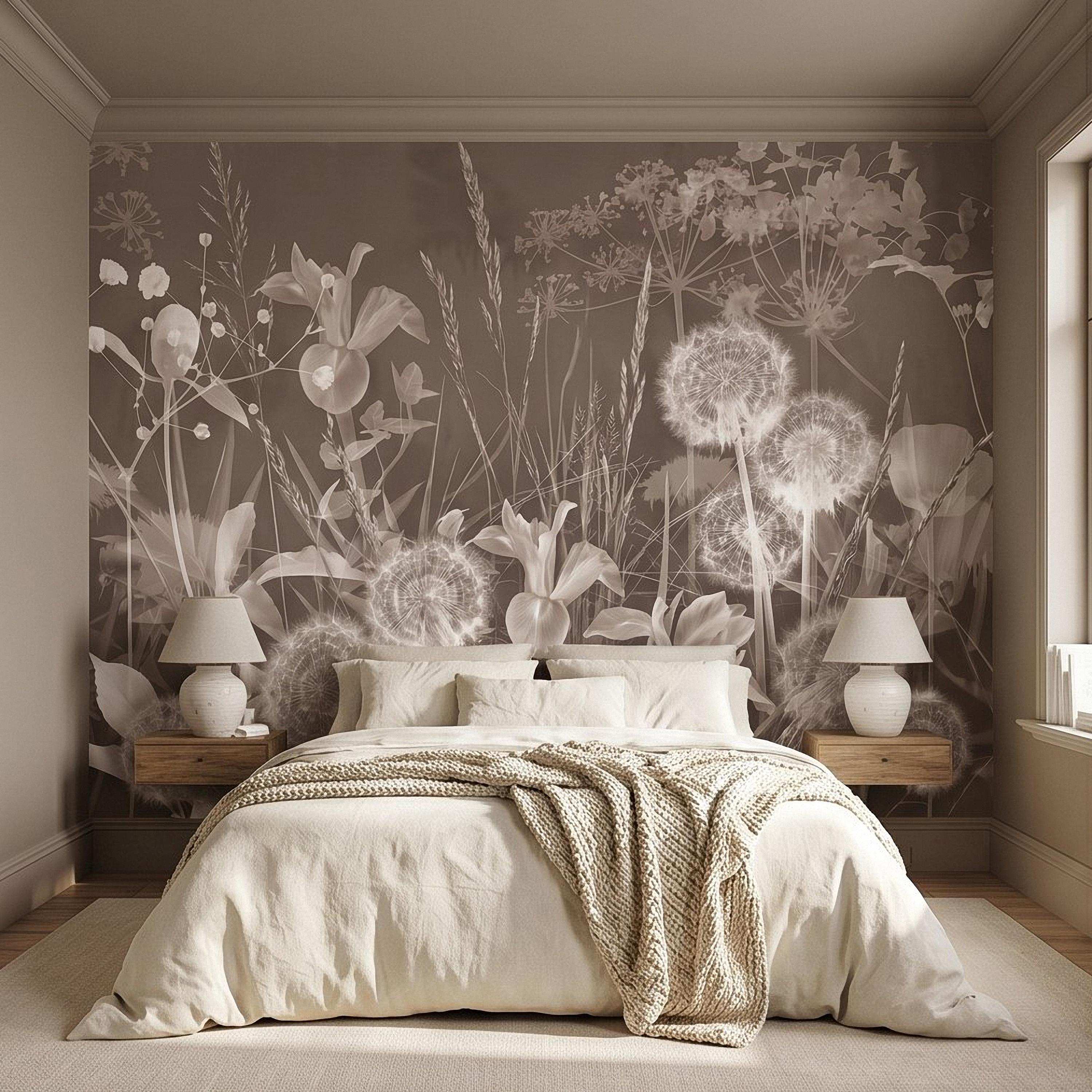 Neutral Sepia Meadow Botanical Peel and Stick Wall Mural, Dandelion Puffs Wildflowers & Grasses, Vintage Monochrome Cottage Floral Wallpaper